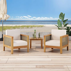 Set of 2, Outdoor Acacia Wood Club Chair with Wicker Accents, Teak Finish + Mixed Brown + Beige, 30.25"D x 27.5"W x 23.75"H