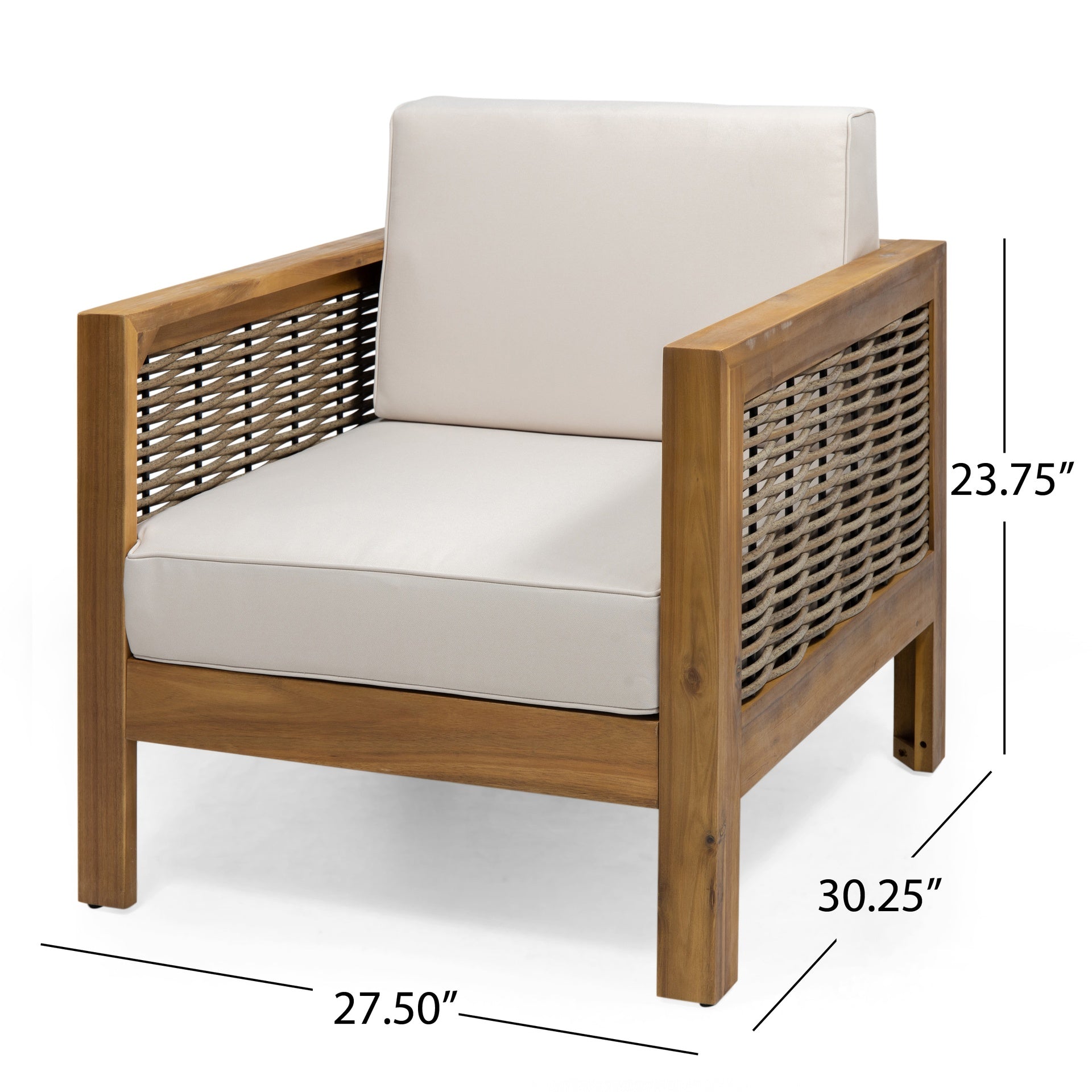Set of 2, Outdoor Acacia Wood Club Chair with Wicker Accents, Teak Finish + Mixed Brown + Beige, 30.25"D x 27.5"W x 23.75"H