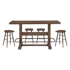 Brown Finish 5pc Pub Height Furniture Set Table w Metal Footrest and 4x Stools Sturdy Wood Frame Classic Aesthetic