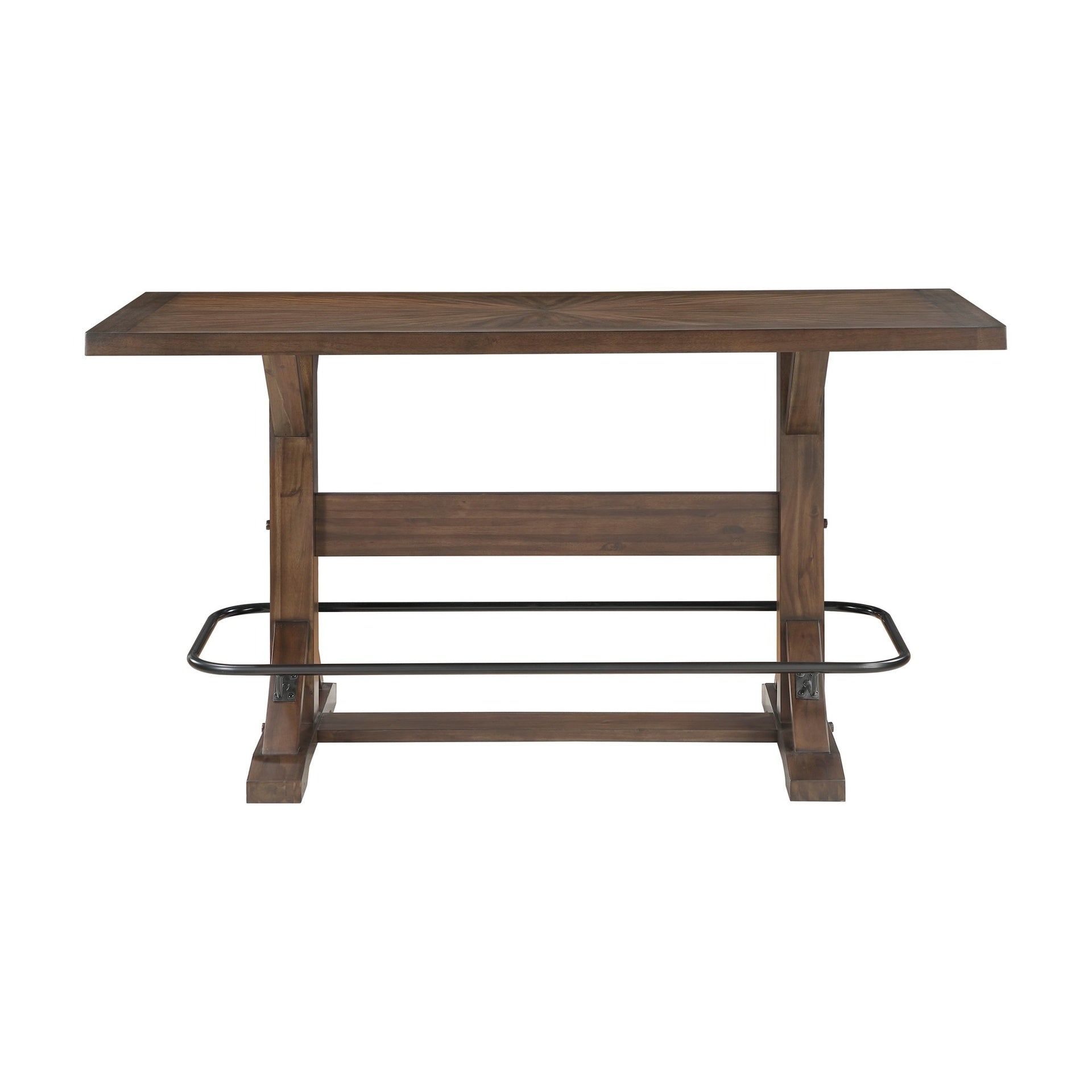 Brown Finish 5pc Pub Height Furniture Set Table w Metal Footrest and 4x Stools Sturdy Wood Frame Classic Aesthetic