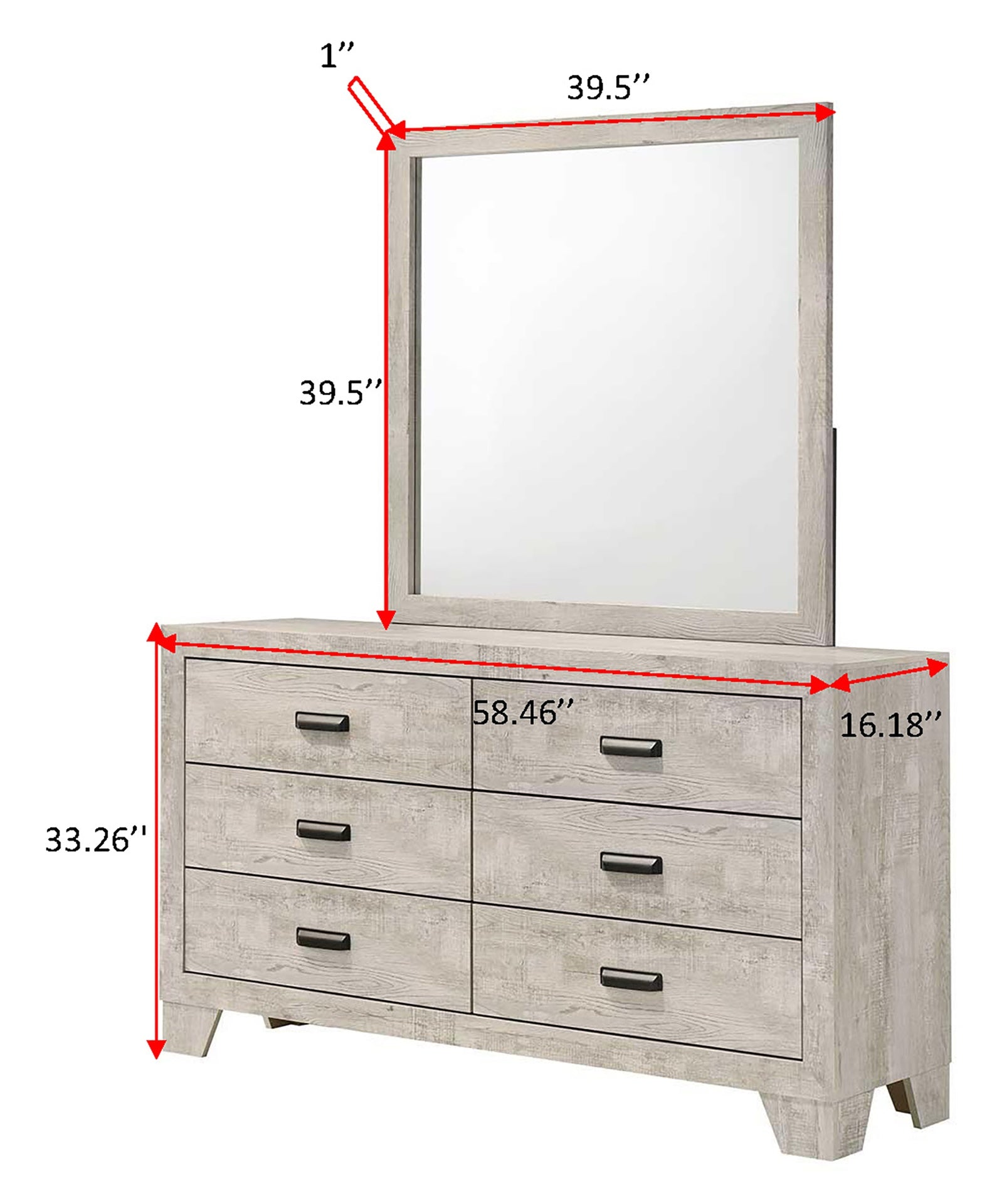 1pc Transitional 6-Drawer Dresser Metal Hardware Whitewashed Wood Finish Wooden Bedroom Furniture