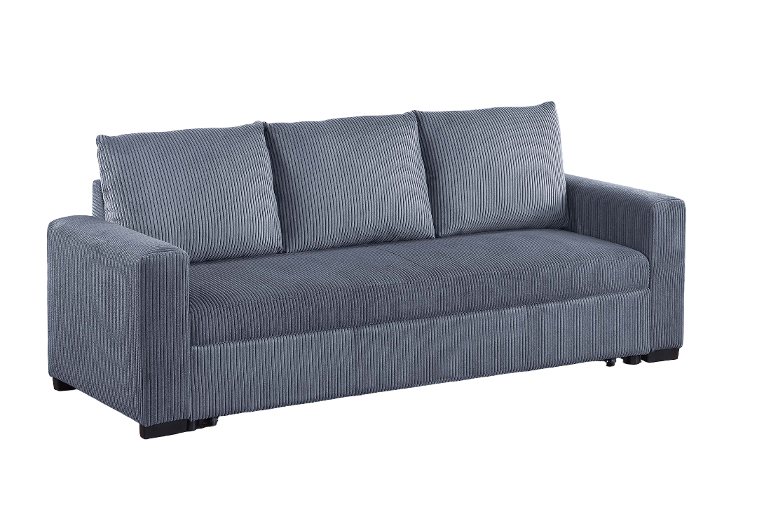 Convertible Sleeper Sofa Pull Out Bed Plastic Legs Cushion Back Square Arms Convenient Handles Dark Gray Finish Primary Living Room