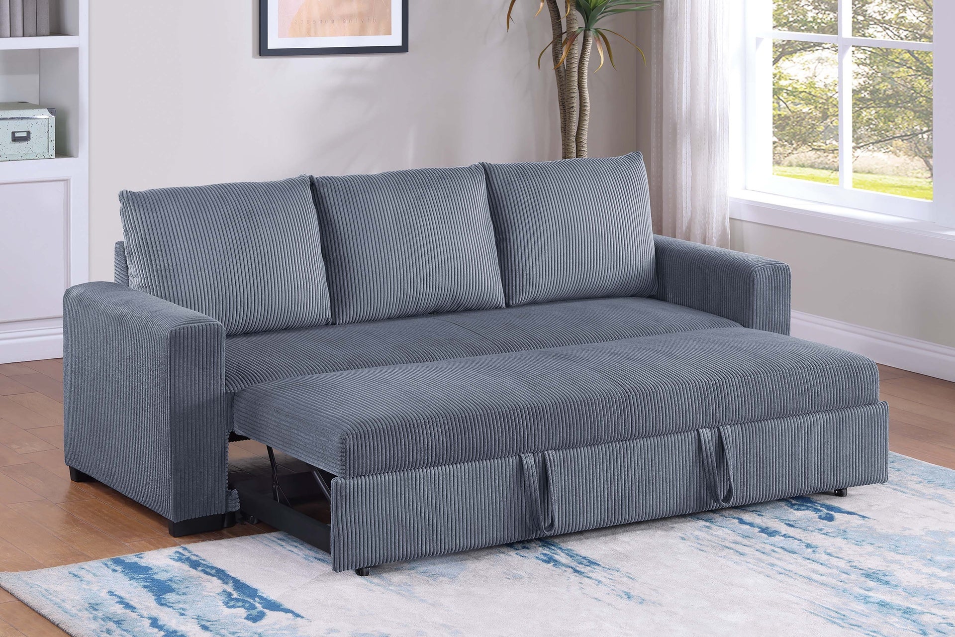 Convertible Sleeper Sofa Pull Out Bed Plastic Legs Cushion Back Square Arms Convenient Handles Dark Gray Finish Primary Living Room
