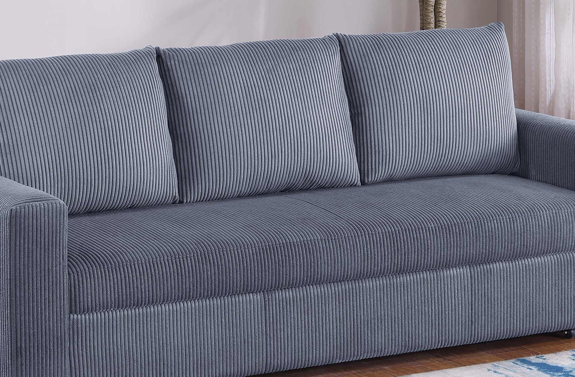 Convertible Sleeper Sofa Pull Out Bed Plastic Legs Cushion Back Square Arms Convenient Handles Dark Gray Finish Primary Living Room