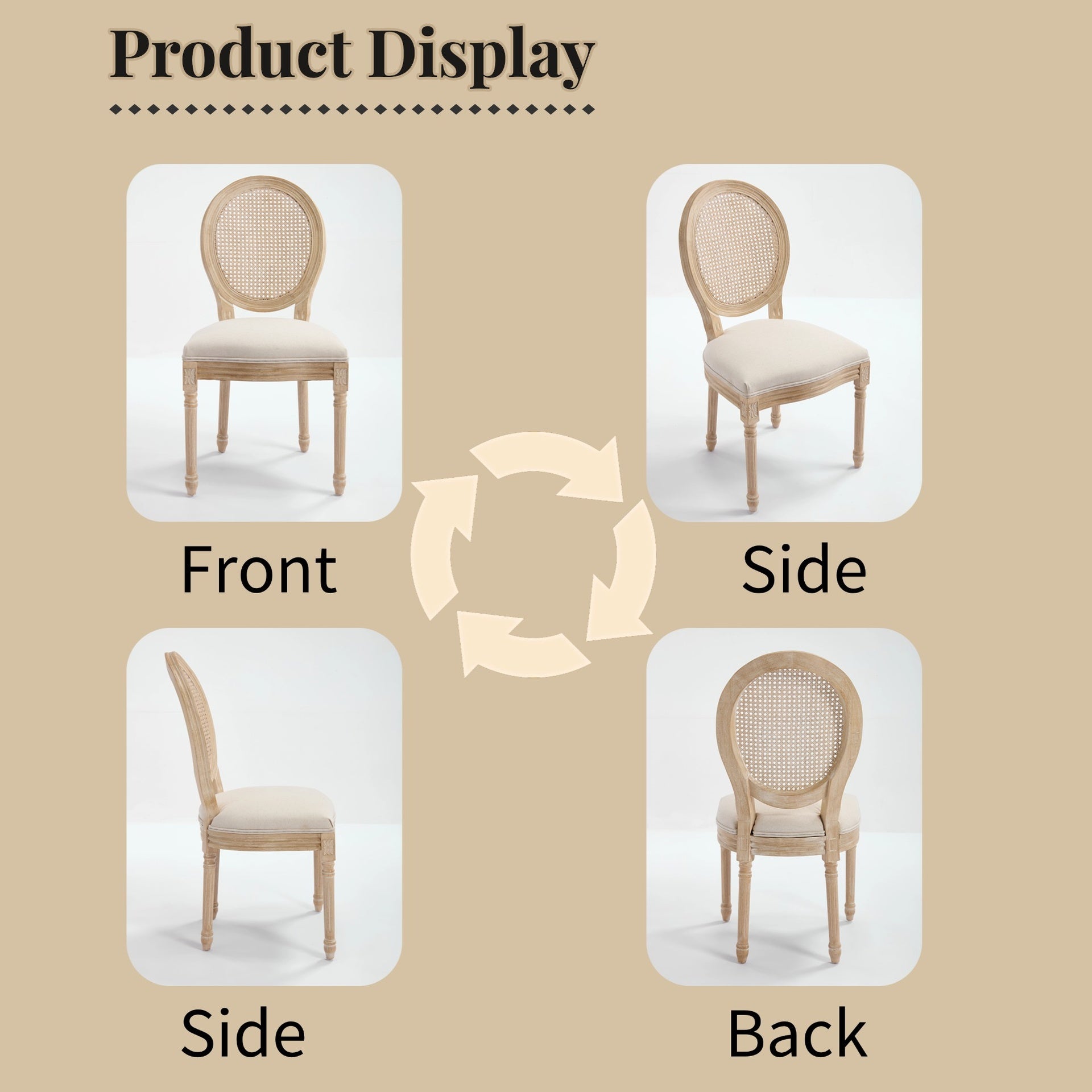 French Country Dining Chairs Set of 2, Upholstered  Chairs with Nature Rattan Round Back, Wire drawing and carving techniques ,Disassemblable ,  for Living Room, Kitchen , Restaurant Use,Beige