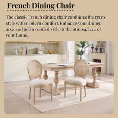 French Country Dining Chairs Set of 2, Upholstered  Chairs with Nature Rattan Round Back, Wire drawing and carving techniques ,Disassemblable ,  for Living Room, Kitchen , Restaurant Use,Beige