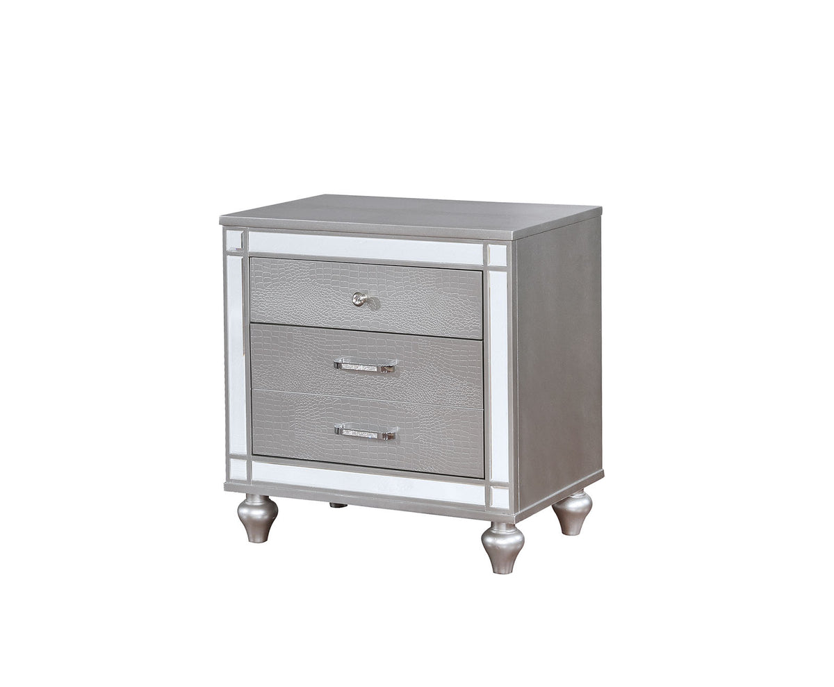 Silver 1pc Nightstand Bun Feet Crocodile-Textured Bedside Table Mirror Trim Felt-lined Top Drawers Bedroom Furniture