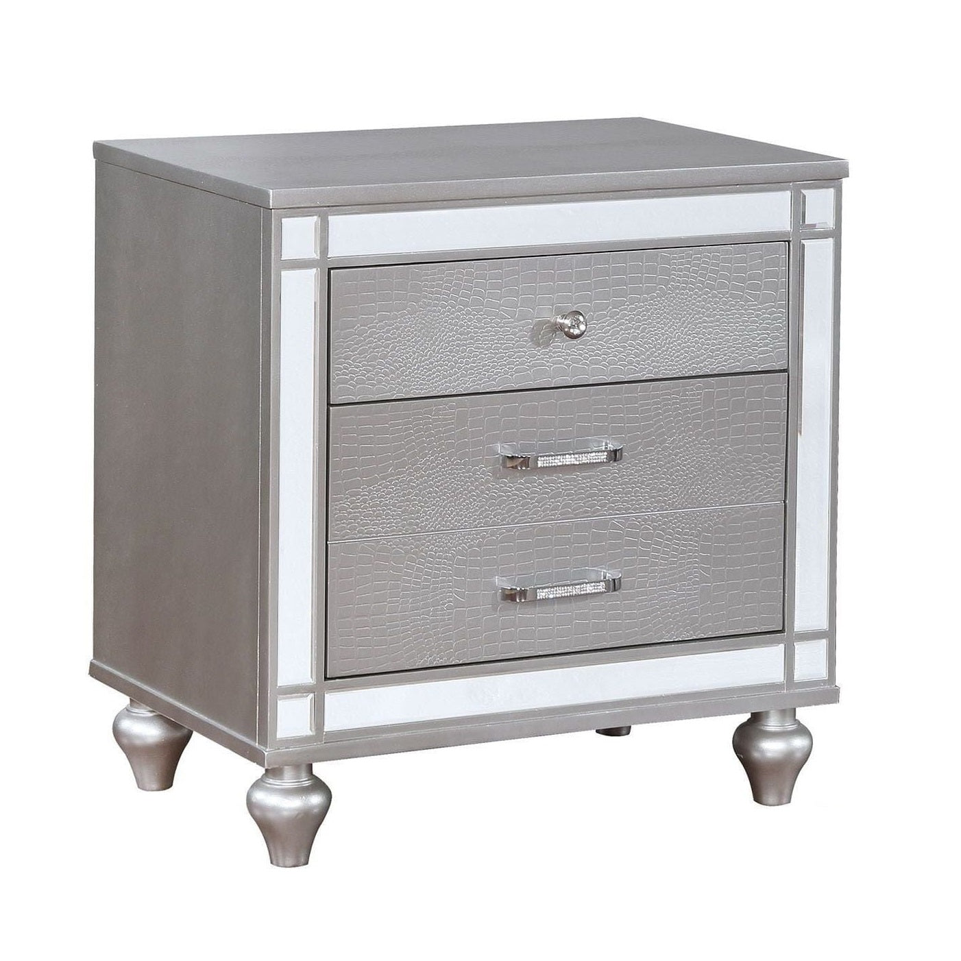 Silver 1pc Nightstand Bun Feet Crocodile-Textured Bedside Table Mirror Trim Felt-lined Top Drawers Bedroom Furniture
