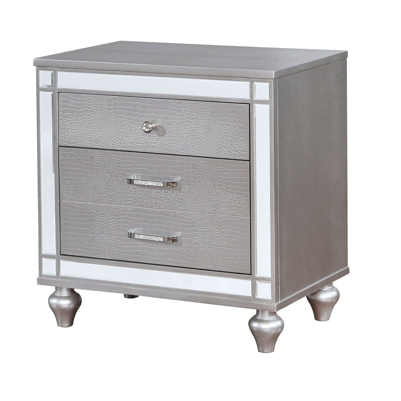 Silver 1pc Nightstand Bun Feet Crocodile-Textured Bedside Table Mirror Trim Felt-lined Top Drawers Bedroom Furniture