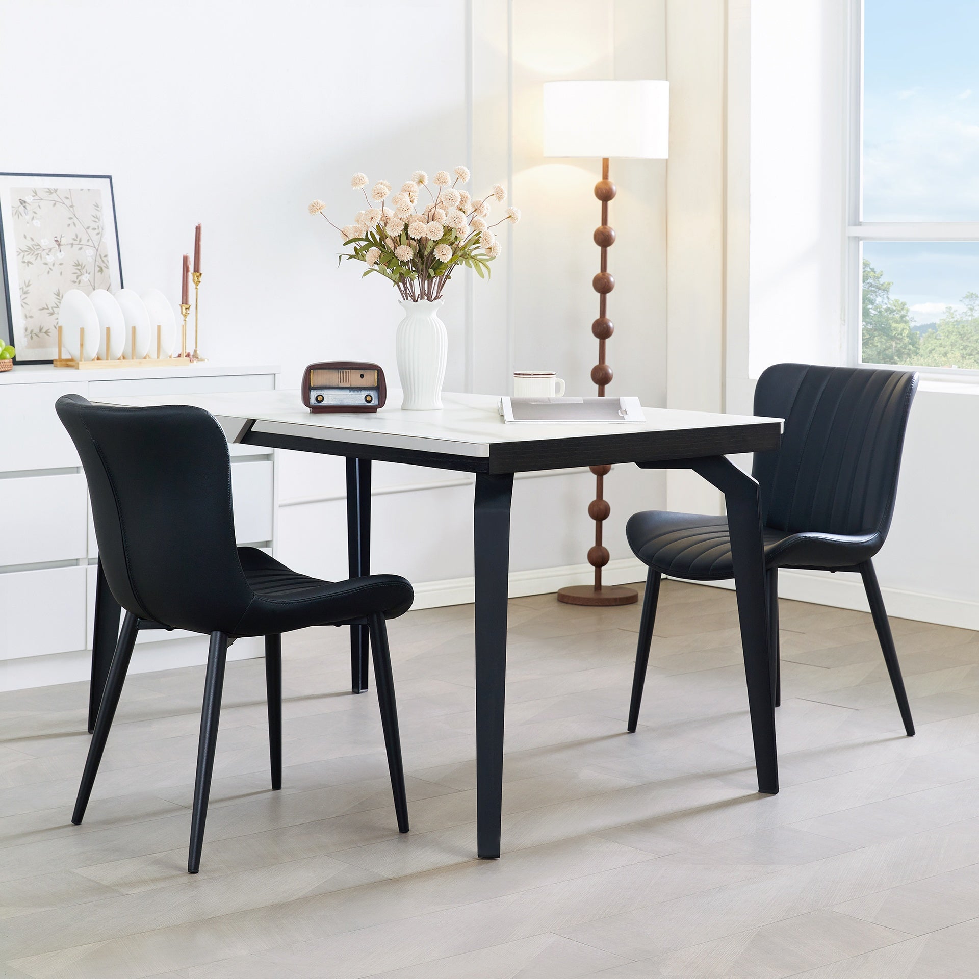 Set of 2 Black Dining Chairs: Faux Leather Mid-Century Modern Accent Chairs for Kitchen, Dining Room, Living Room, and Reception