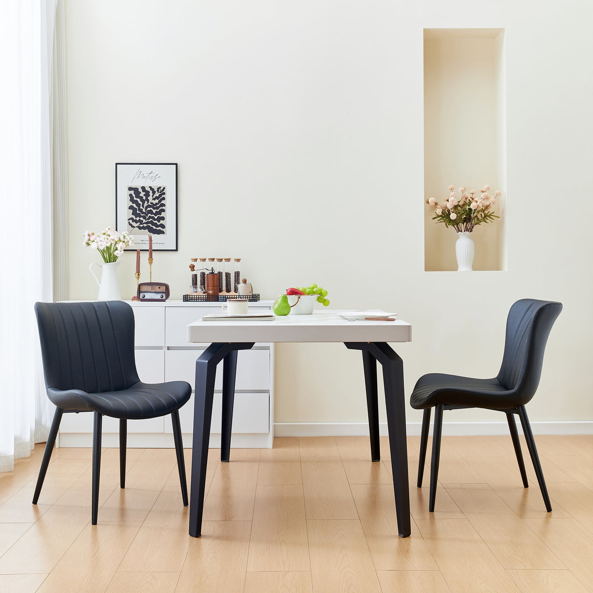 Set of 2 Black Dining Chairs: Faux Leather Mid-Century Modern Accent Chairs for Kitchen, Dining Room, Living Room, and Reception