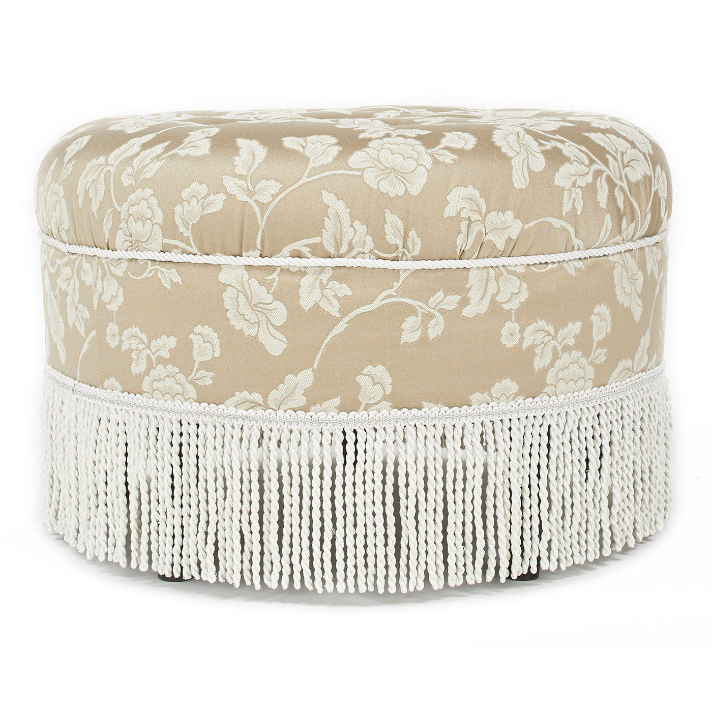 Yolanda 24" Round Upholstered Accent Ottoman, Champagne Beige Floral Jacquard with Ivory Trim