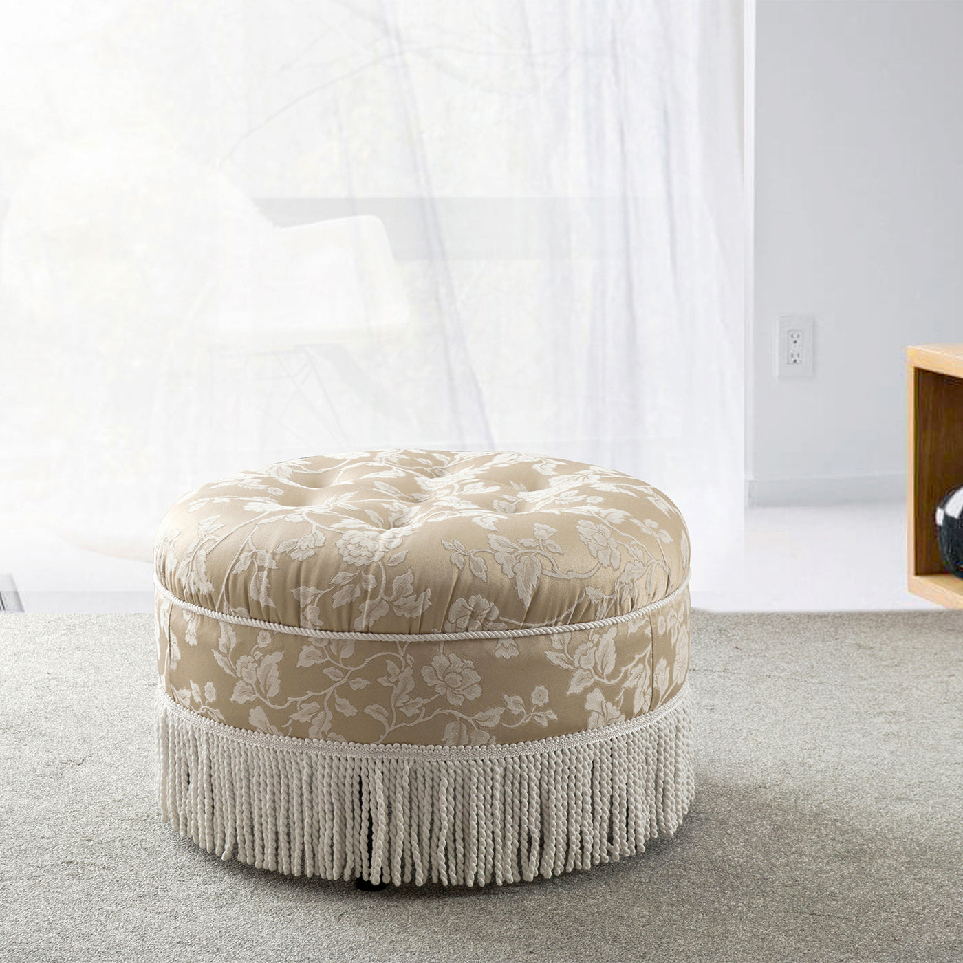 Yolanda 24" Round Upholstered Accent Ottoman, Champagne Beige Floral Jacquard with Ivory Trim
