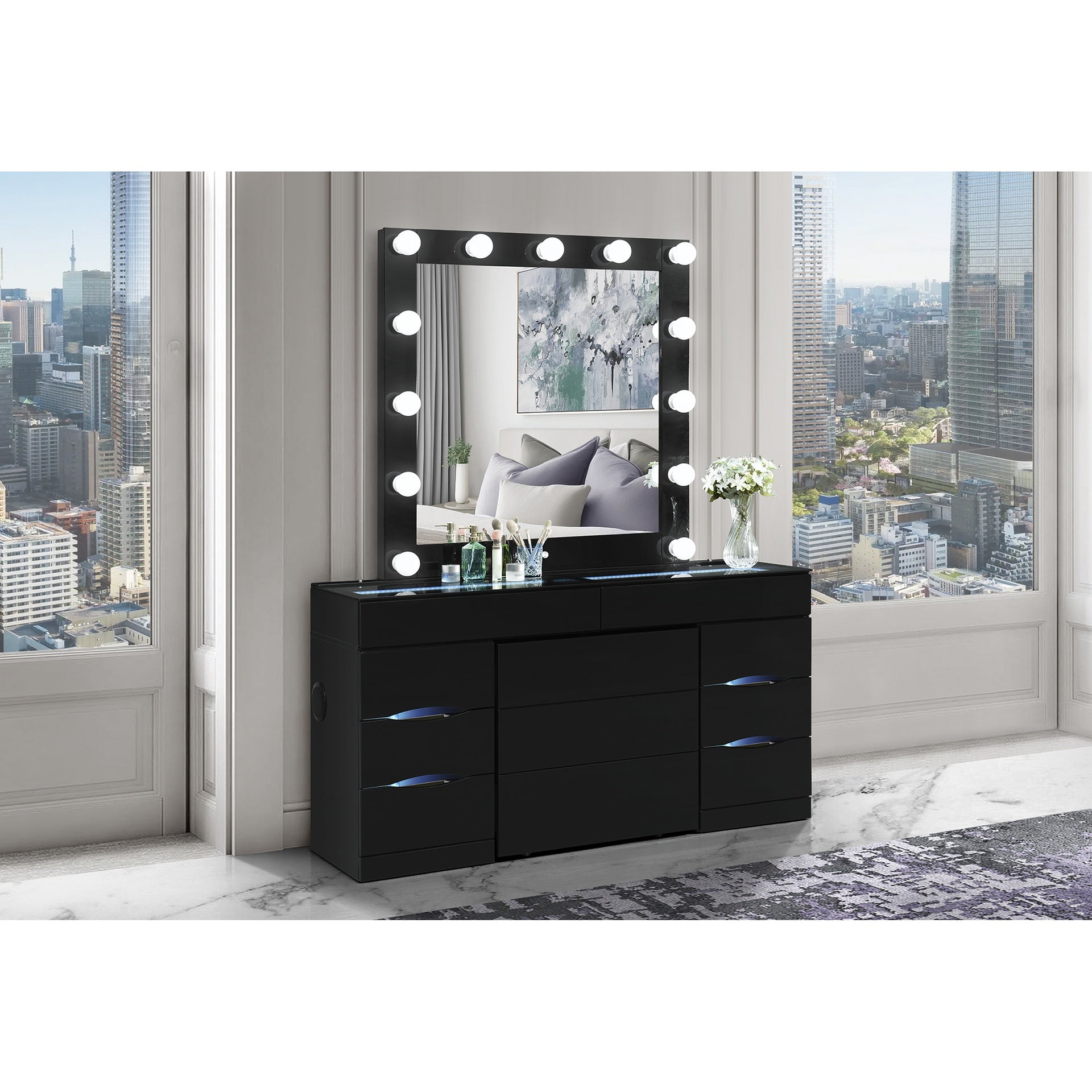 ELISA BLACK VANITY SET WITH STOOL