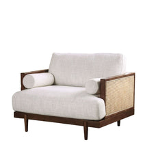 Beige And Walnut Finish Beautiful Chair Tapered Legs Loose Pillow Back Ash Wood Trim Side Bolster Pillows Mid-Century Modern