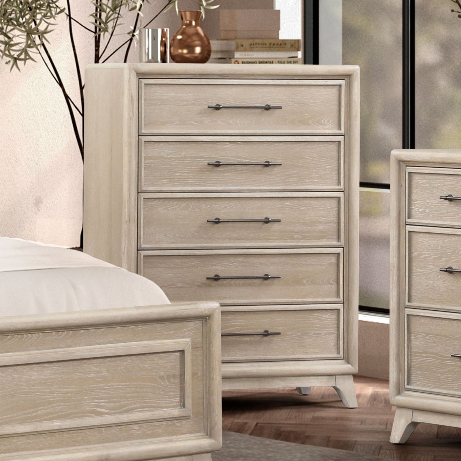 Transitional Style 1pc Chest Metal Handle Angled Legs English Dovetail Drawers Ball Bearing Glides Oak Finish Bedroom Furniture