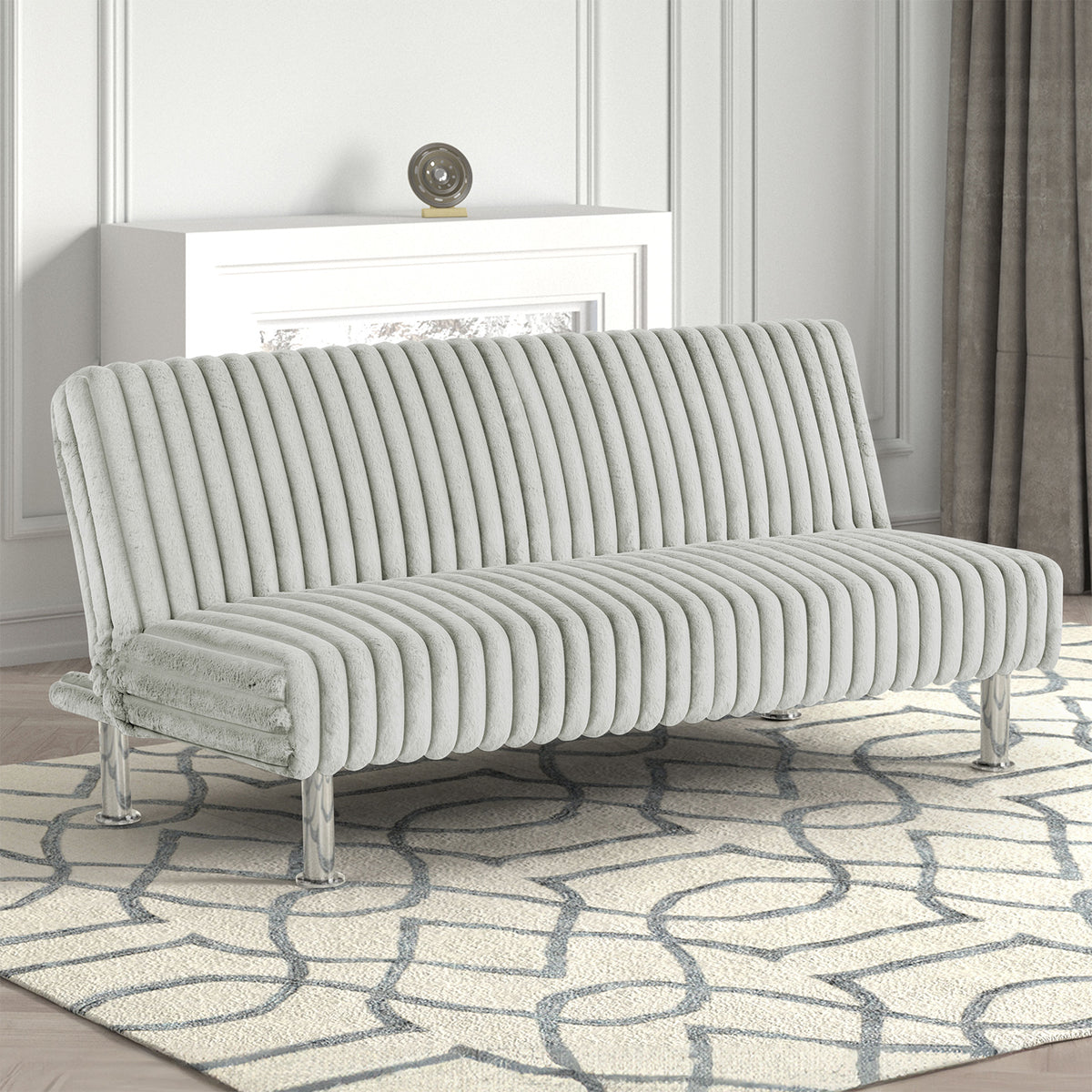 Contemporary Style Light Gray Finish Futon Sofa Chrome Color Finish Base Legs Convert Into Bed With Extra Back Support Leg