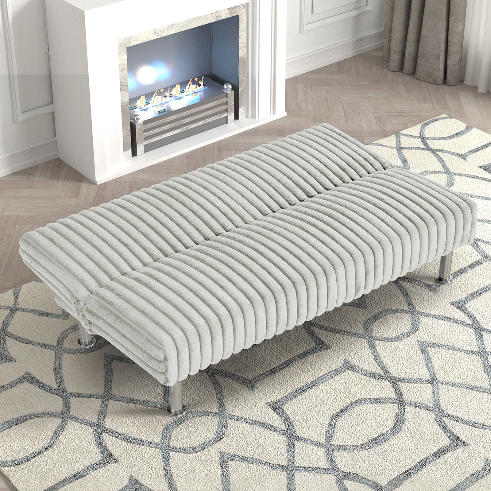 Contemporary Style Light Gray Finish Futon Sofa Chrome Color Finish Base Legs Convert Into Bed With Extra Back Support Leg