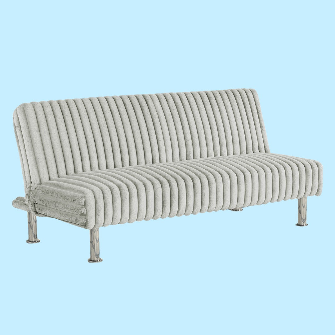 Contemporary Style Light Gray Finish Futon Sofa Chrome Color Finish Base Legs Convert Into Bed With Extra Back Support Leg