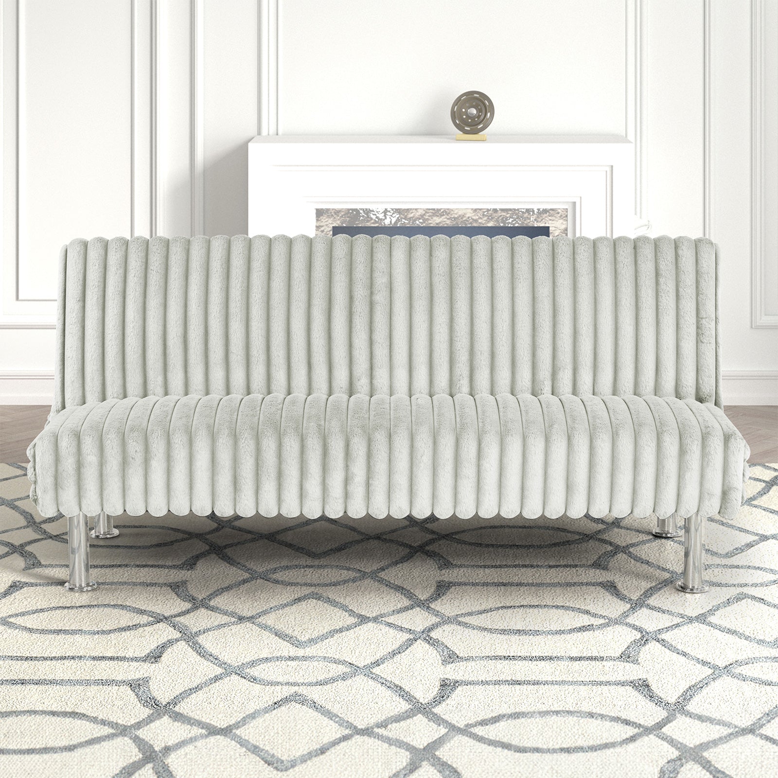 Contemporary Style Light Gray Finish Futon Sofa Chrome Color Finish Base Legs Convert Into Bed With Extra Back Support Leg