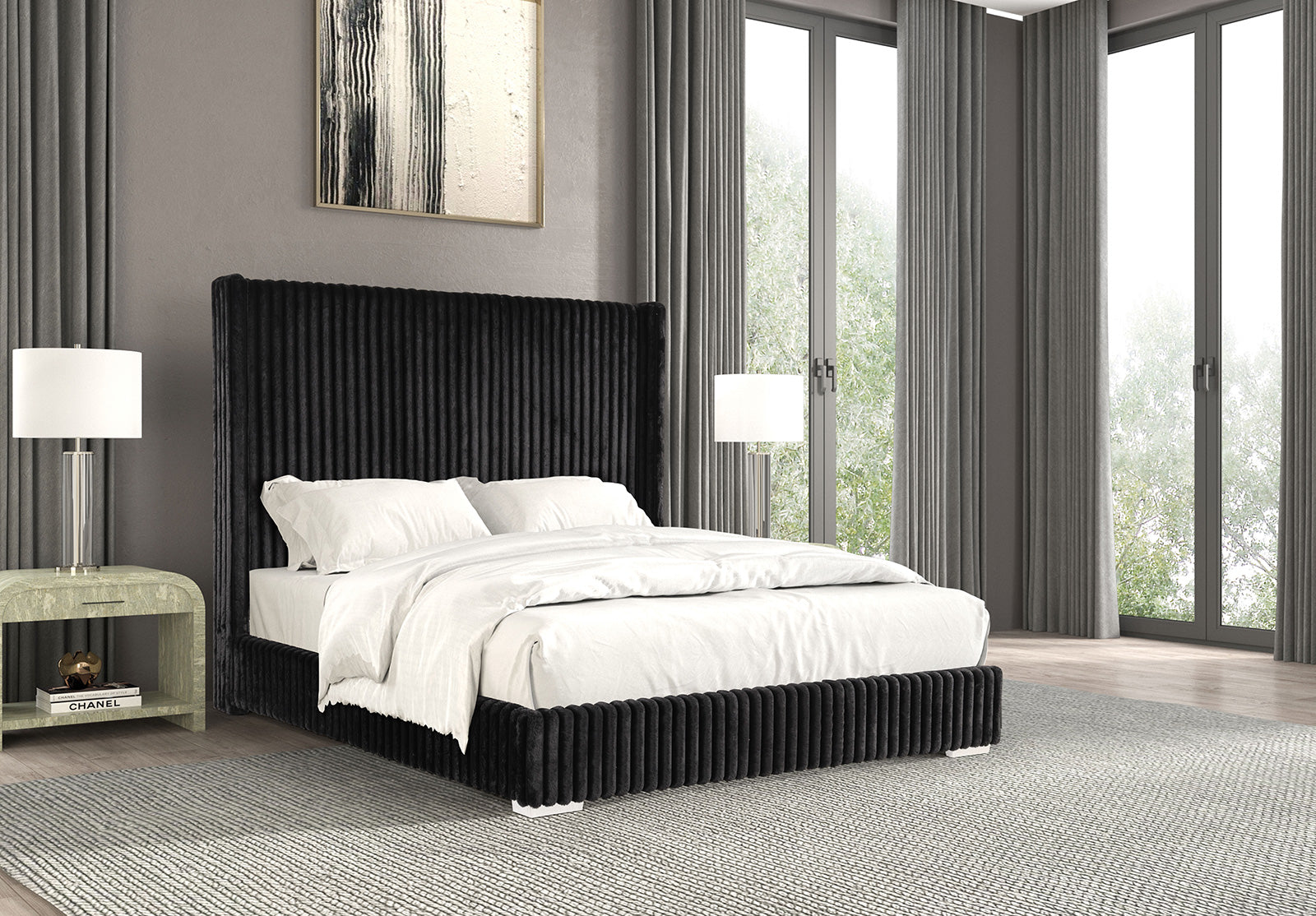 Bedroom Furniture Black Color Contemporary 1pc Queen Size Bed Fur Chenille Fabric Mattress Ready