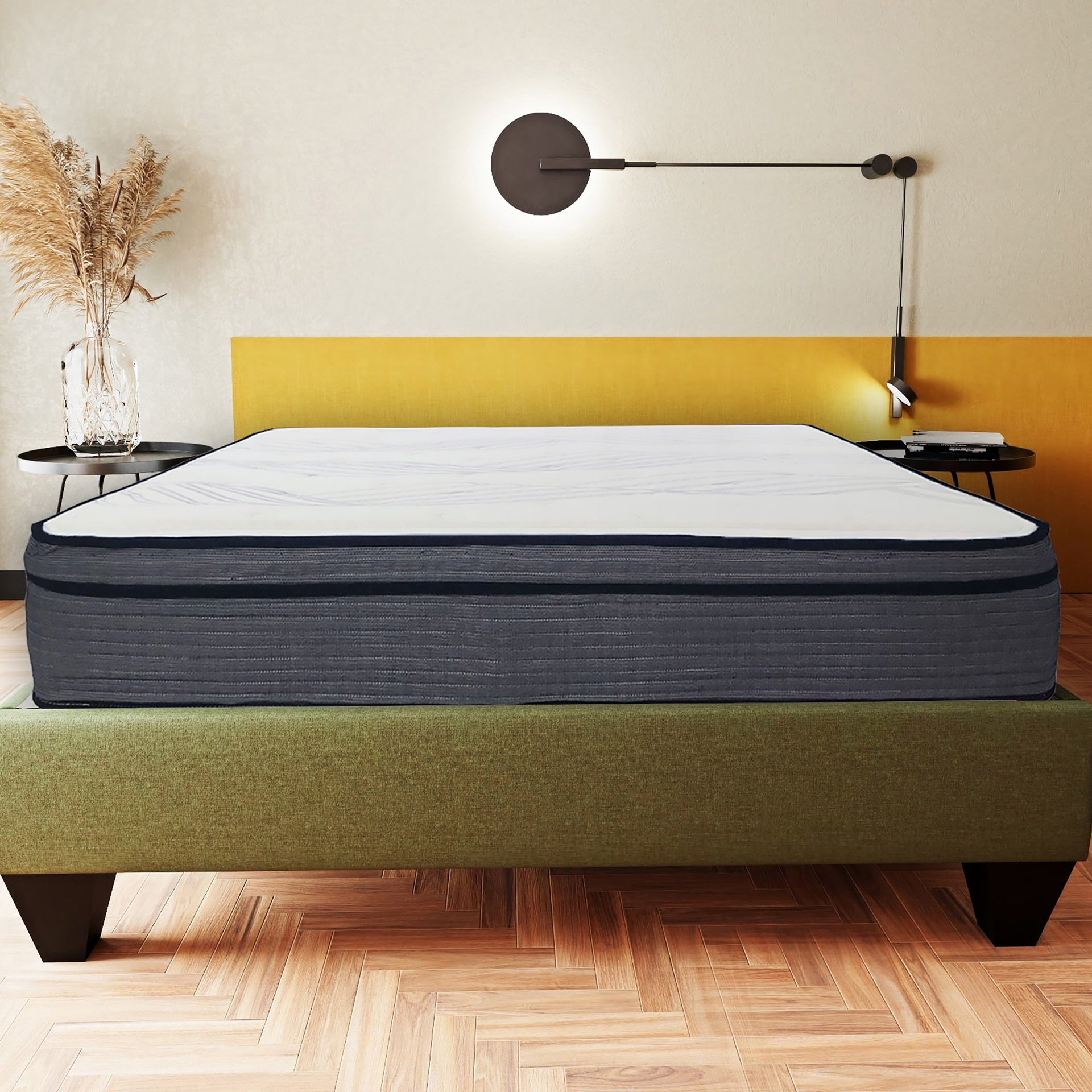 14 in. Full Size Hybrid Mattress, Multi Layer Foam and Pocket Coil Mattress in a Bed