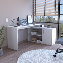 Dallas L-Shaped Home Office Desk, Two Shelves, Single Door Cabinet