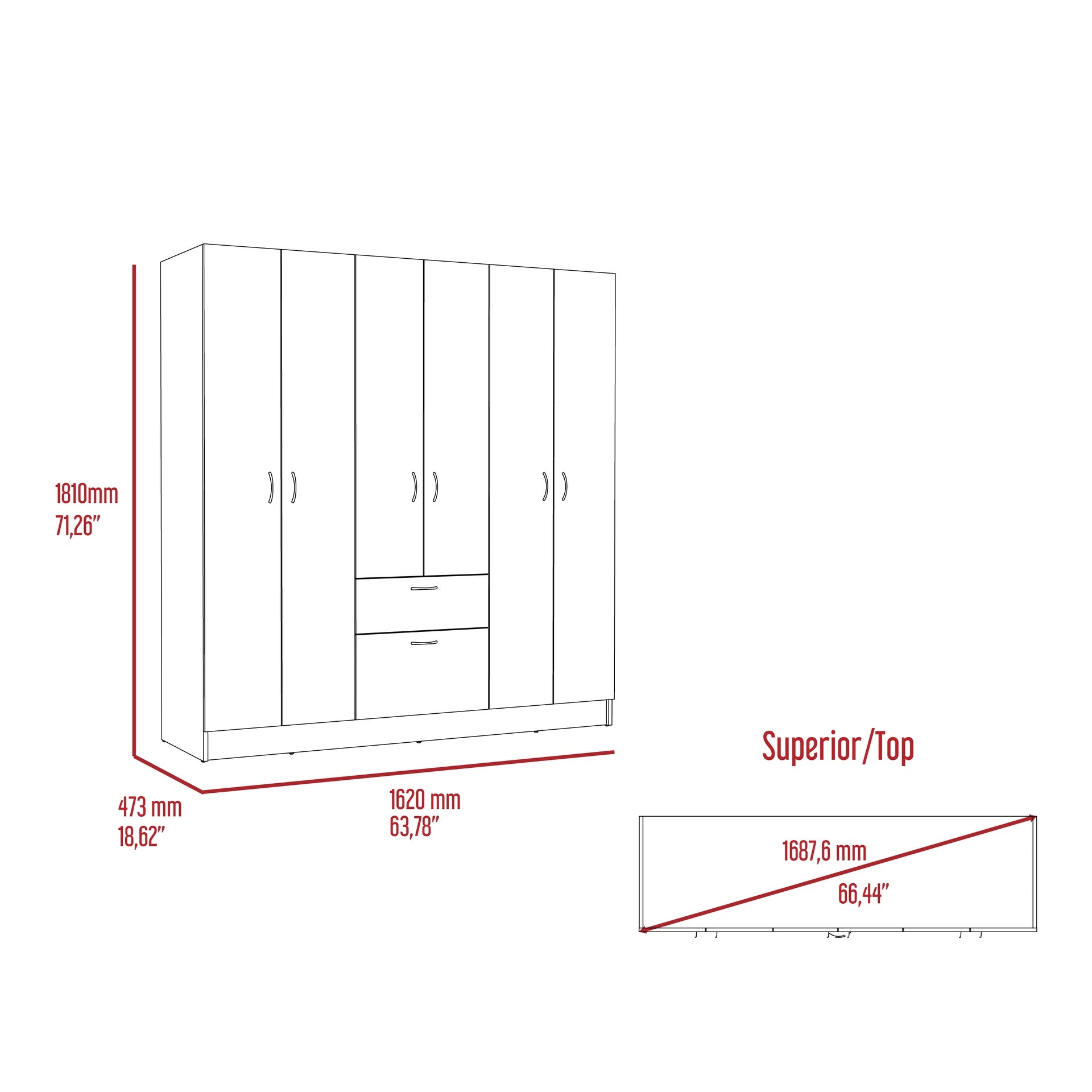 Guajira Six Door Armoire, Three Cabinets , Hidden Drawer Shoes