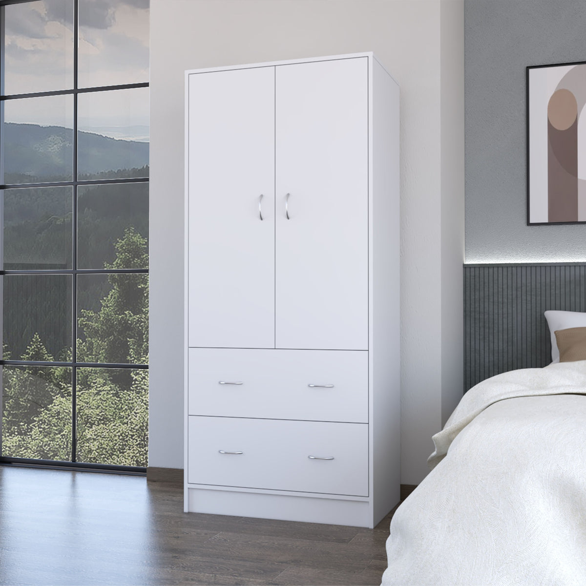 FM FURNITURE Wenden Wardobre with 2 drawers, 2 doors, ample storage and hanging rod,white