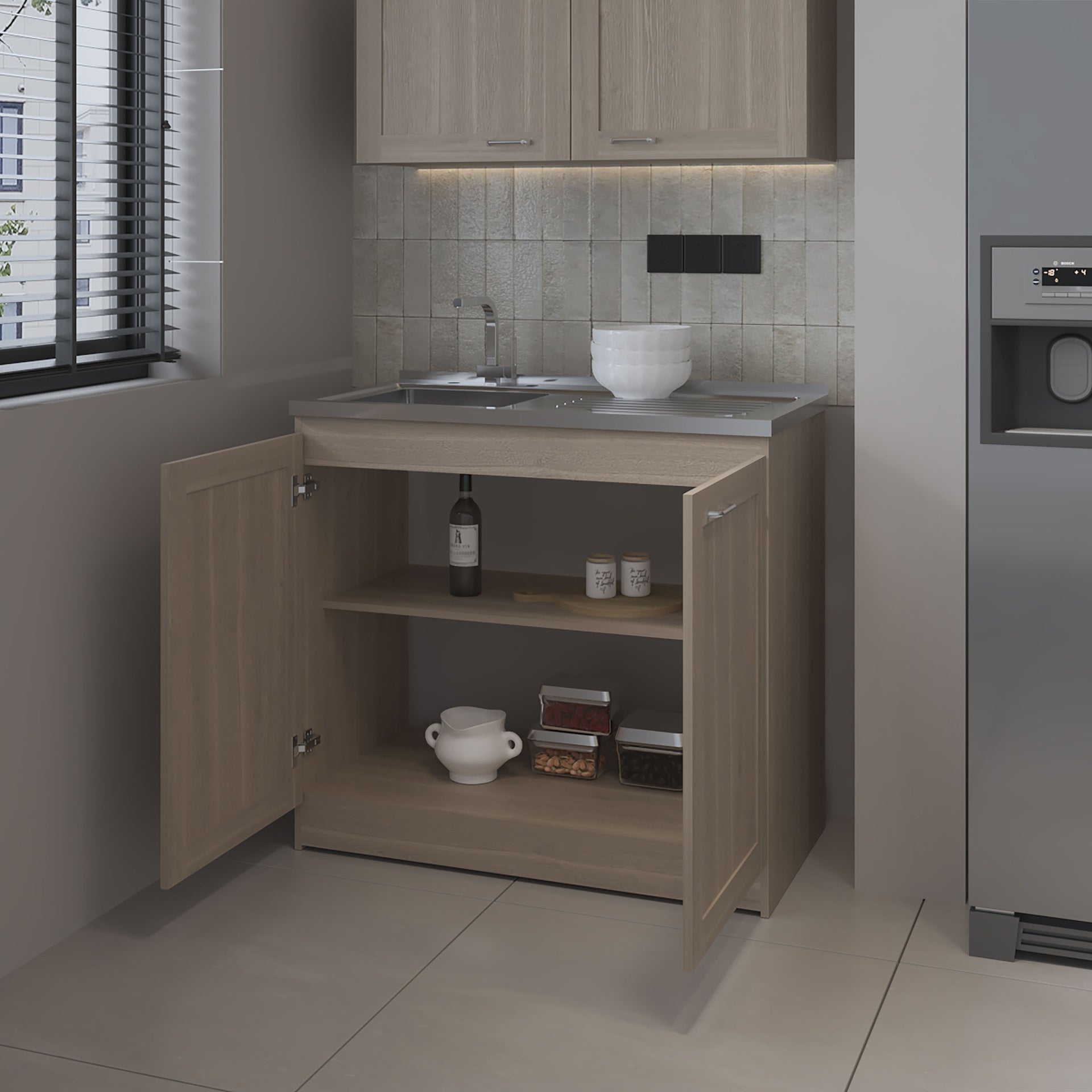 Haivana Utility Sink Base Cabinet with Double Doors and Interior Shelf, White Oak
