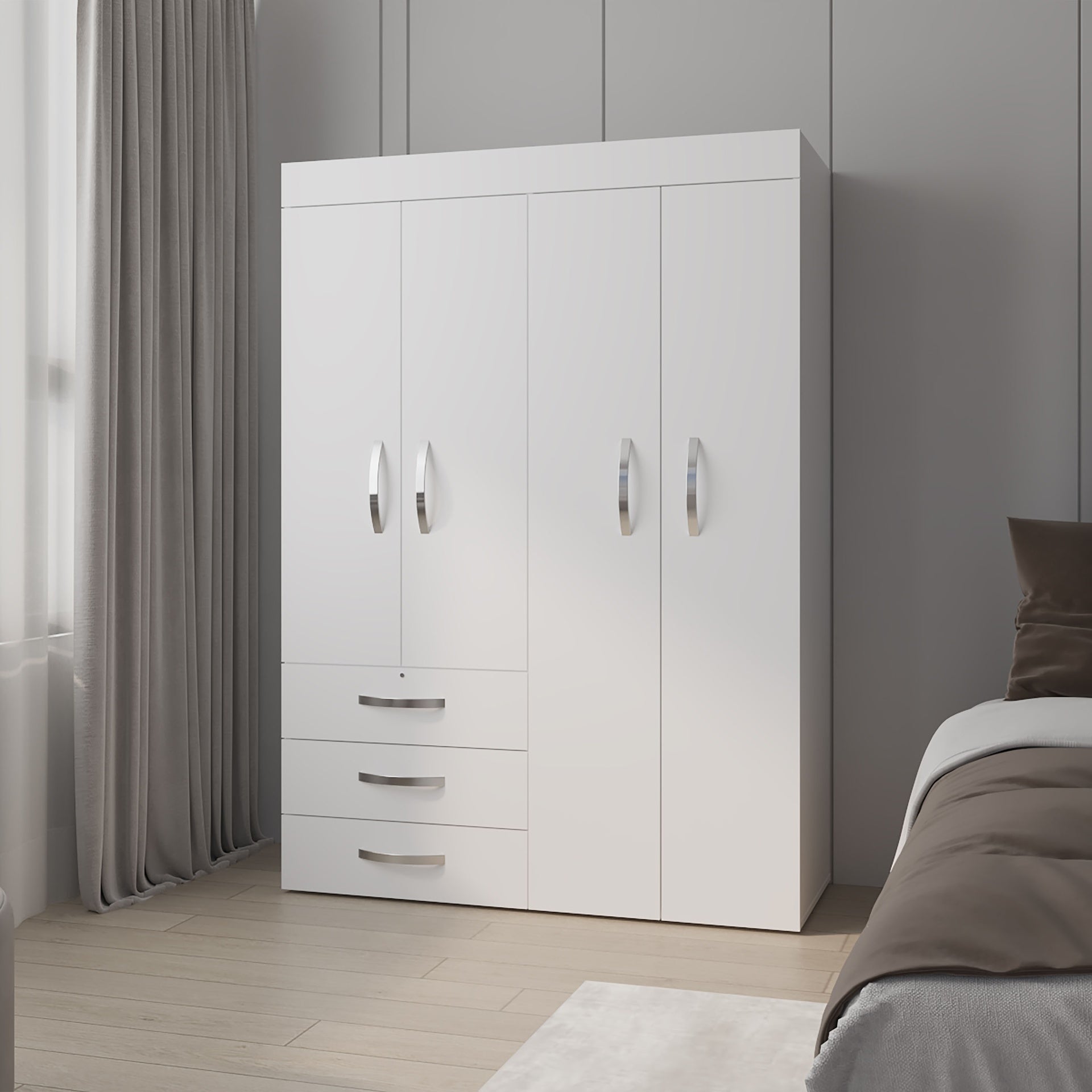 FM FURNITURE Laurens 4-Door Wardrobe with Drawers and Shelves, Multistorage, Spacious Design, White