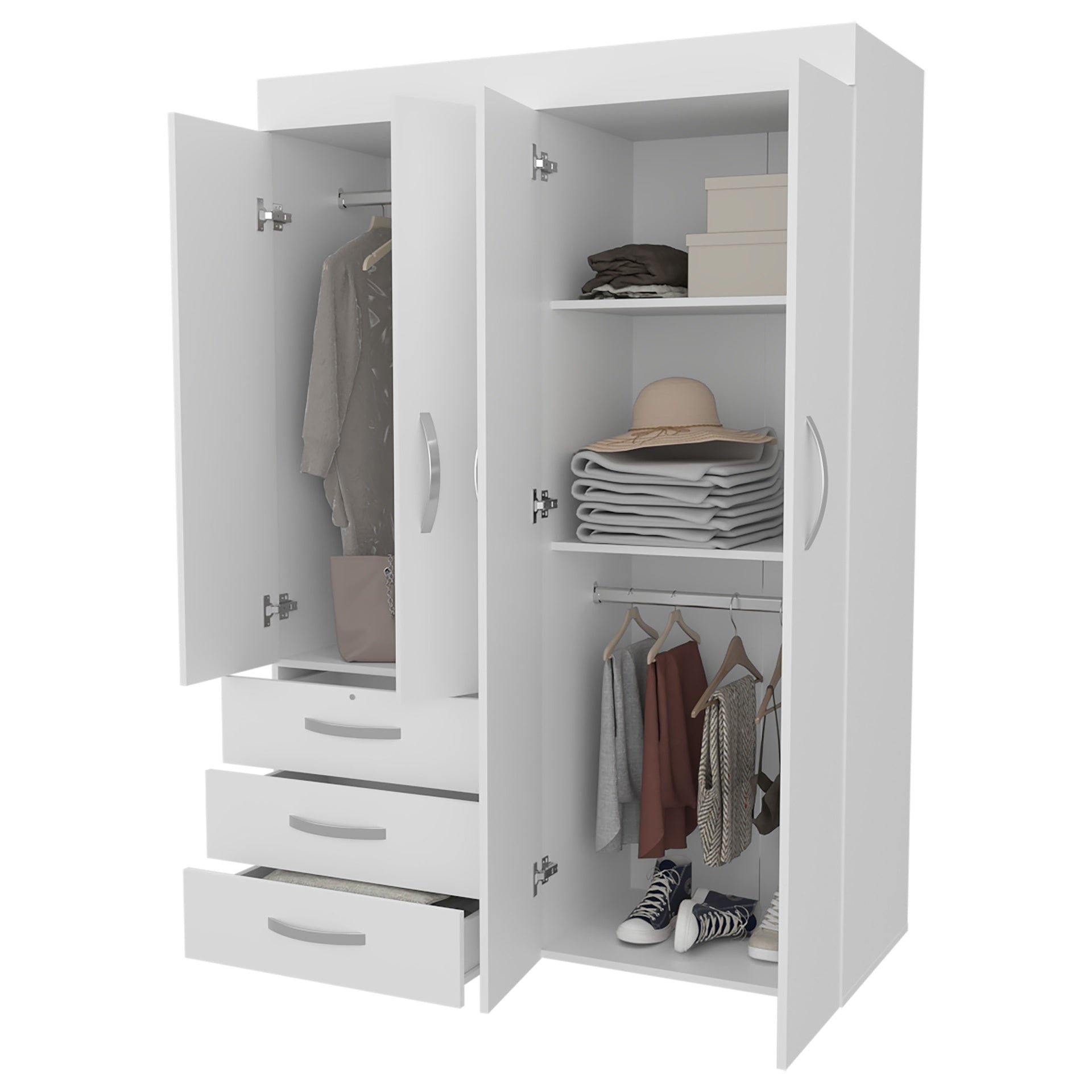 FM FURNITURE Laurens 4-Door Wardrobe with Drawers and Shelves, Multistorage, Spacious Design, White