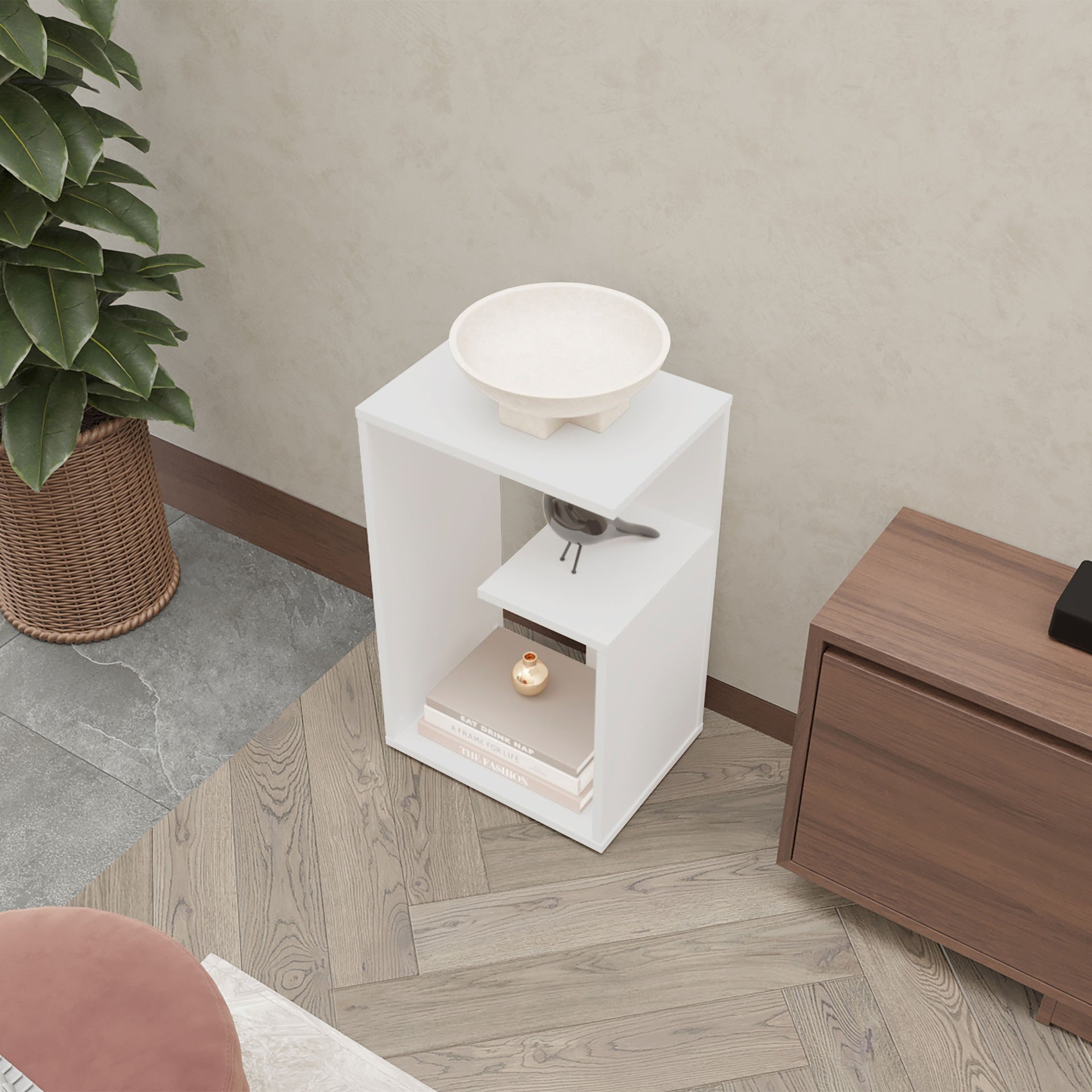 Vega Side Table in Melamine with Open Storage, White