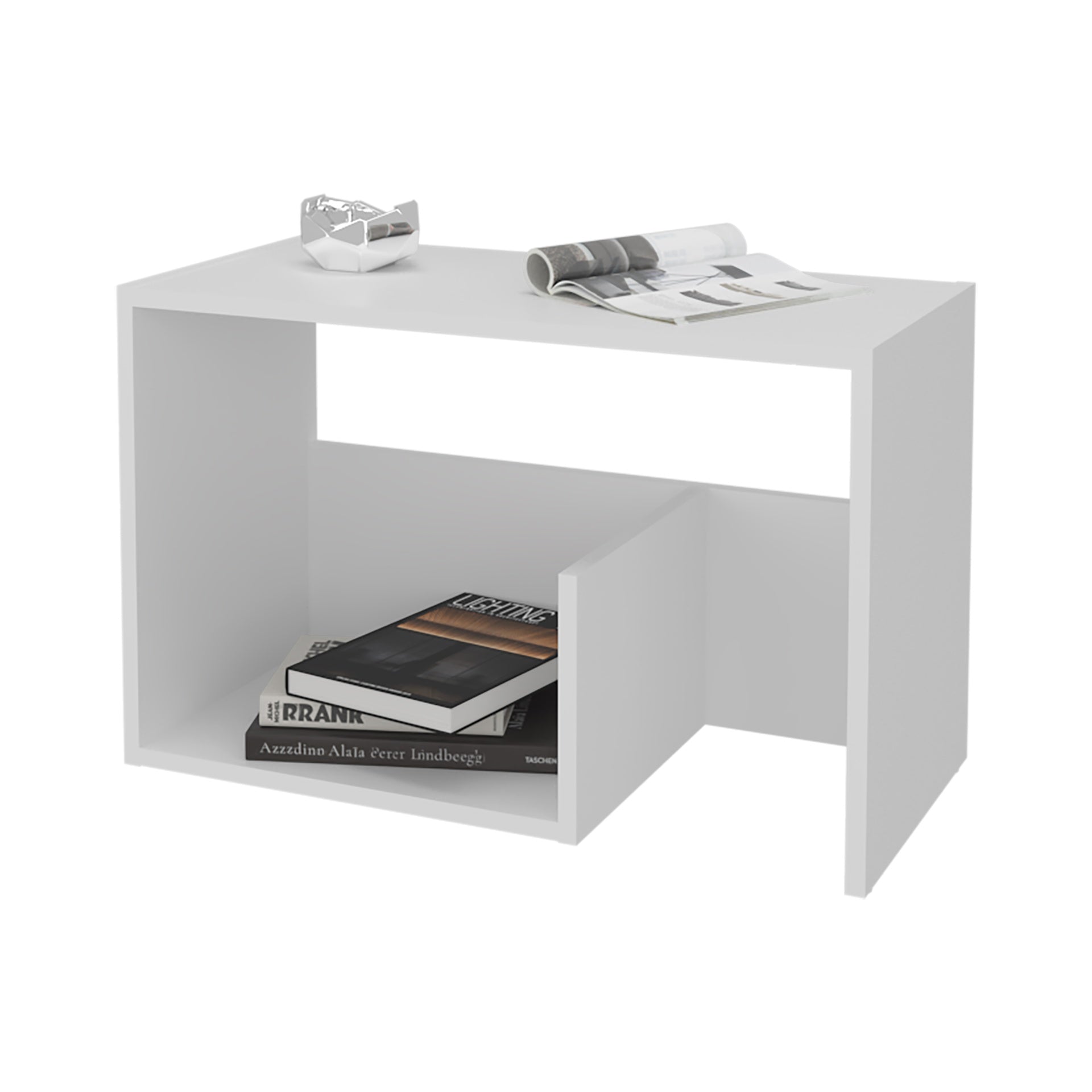 Vega Side Table in Melamine with Open Storage, White