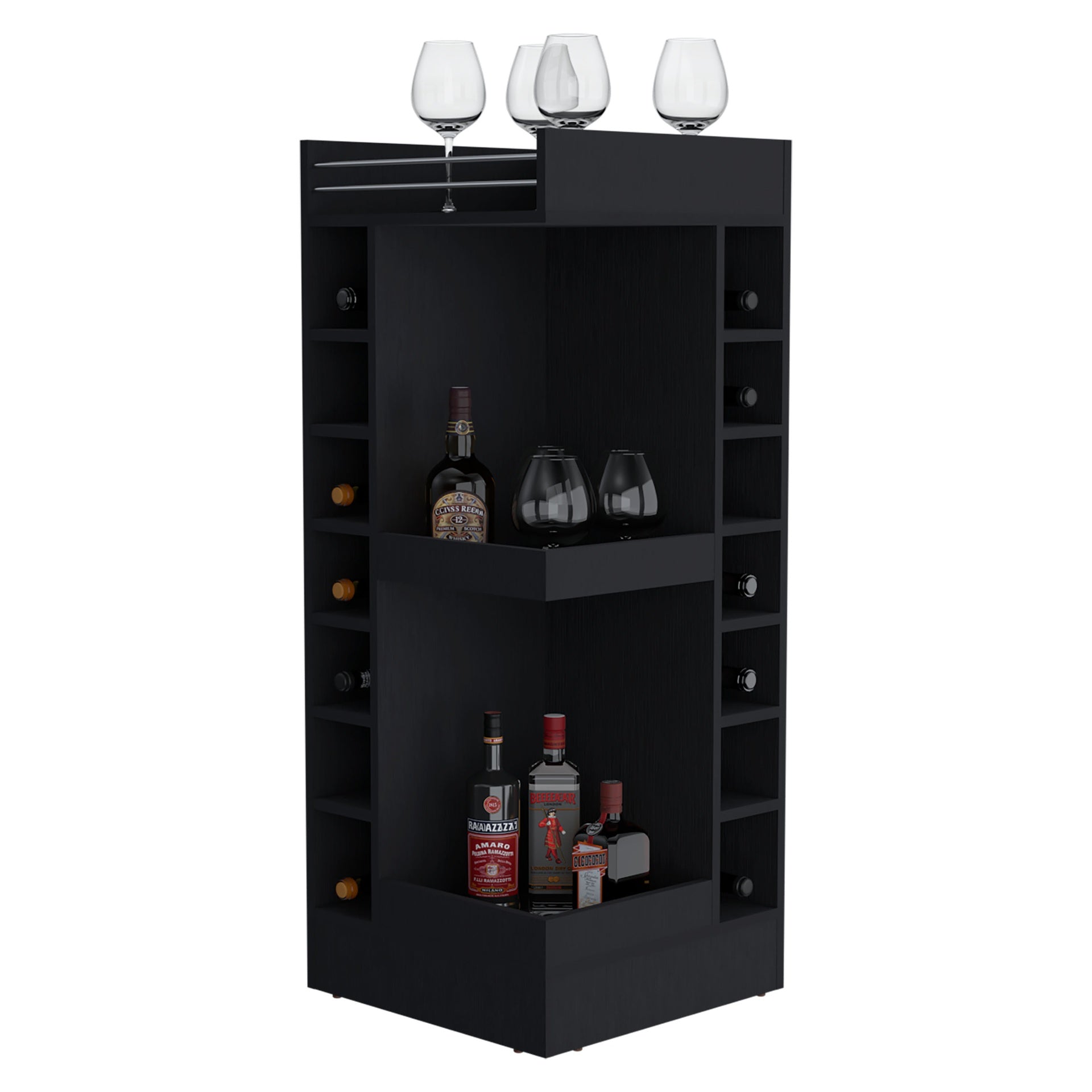 FM FURNITURE Lamer Corner Bar Cabinet with Wine Rack and Open Shelf, Black
