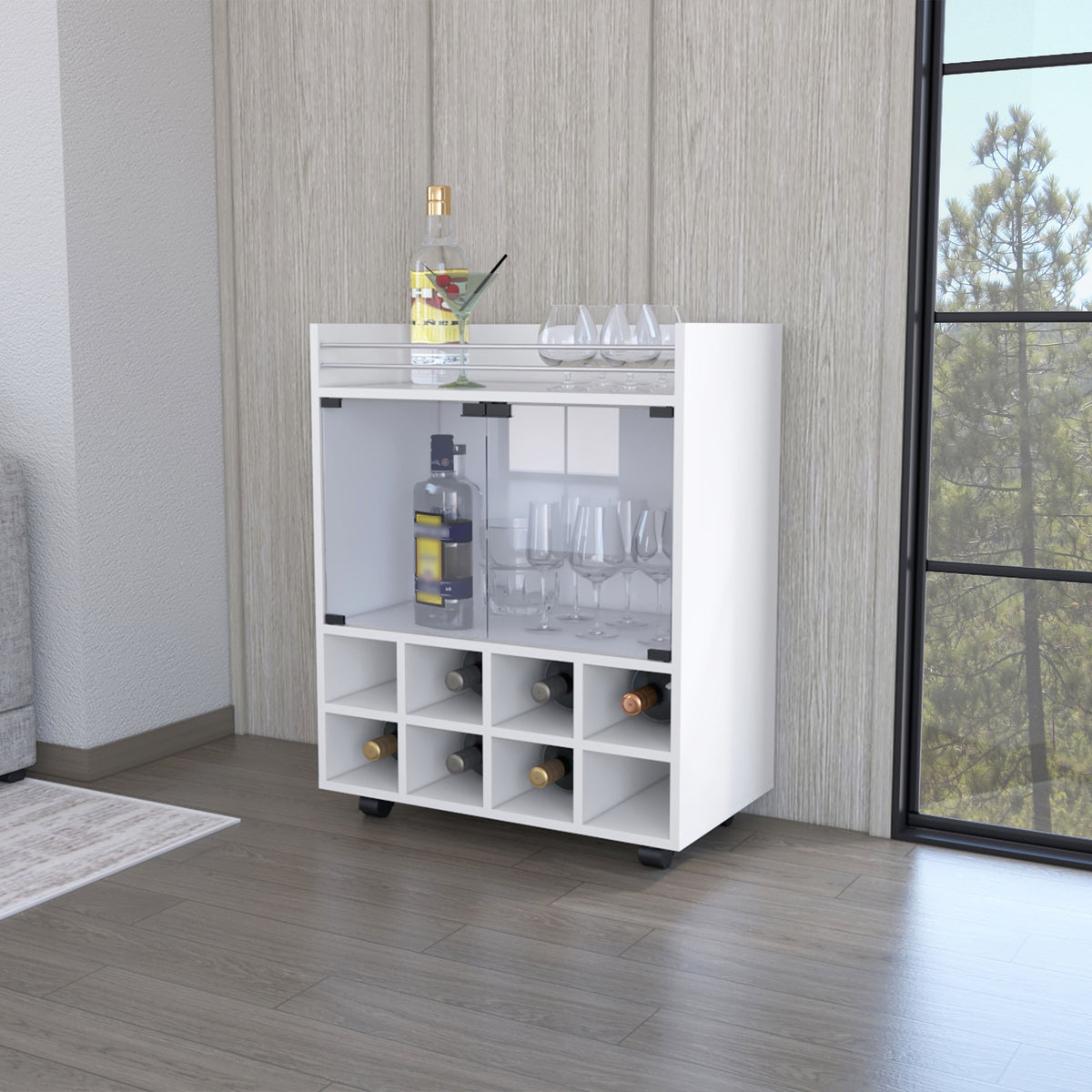 Minneapolis Bar Cart with Integrated 8-Bottle Rack, Glass Encased Cabinet and Aluminum Bar Top