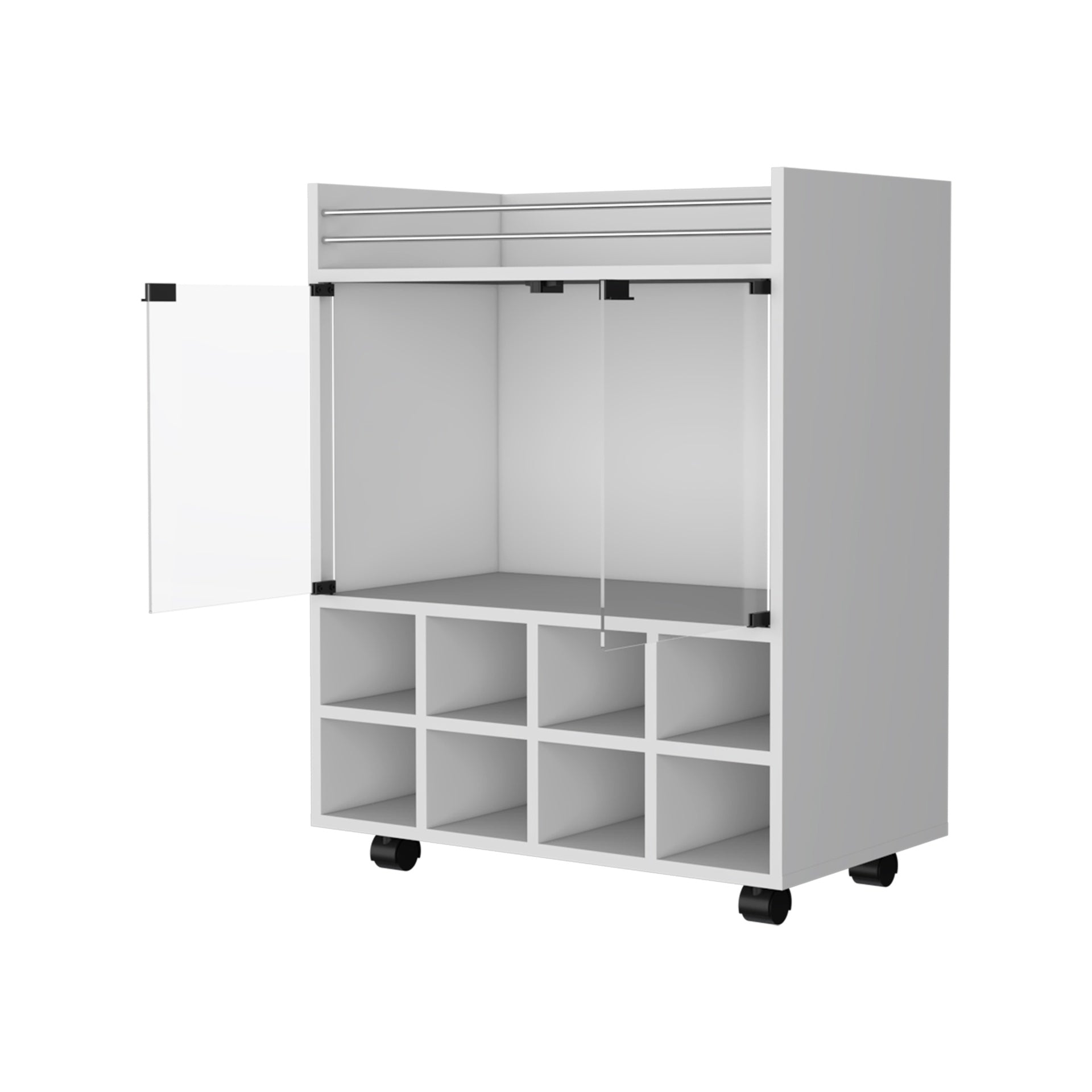 Minneapolis Bar Cart with Integrated 8-Bottle Rack, Glass Encased Cabinet and Aluminum Bar Top