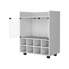 Minneapolis Bar Cart with Integrated 8-Bottle Rack, Glass Encased Cabinet and Aluminum Bar Top