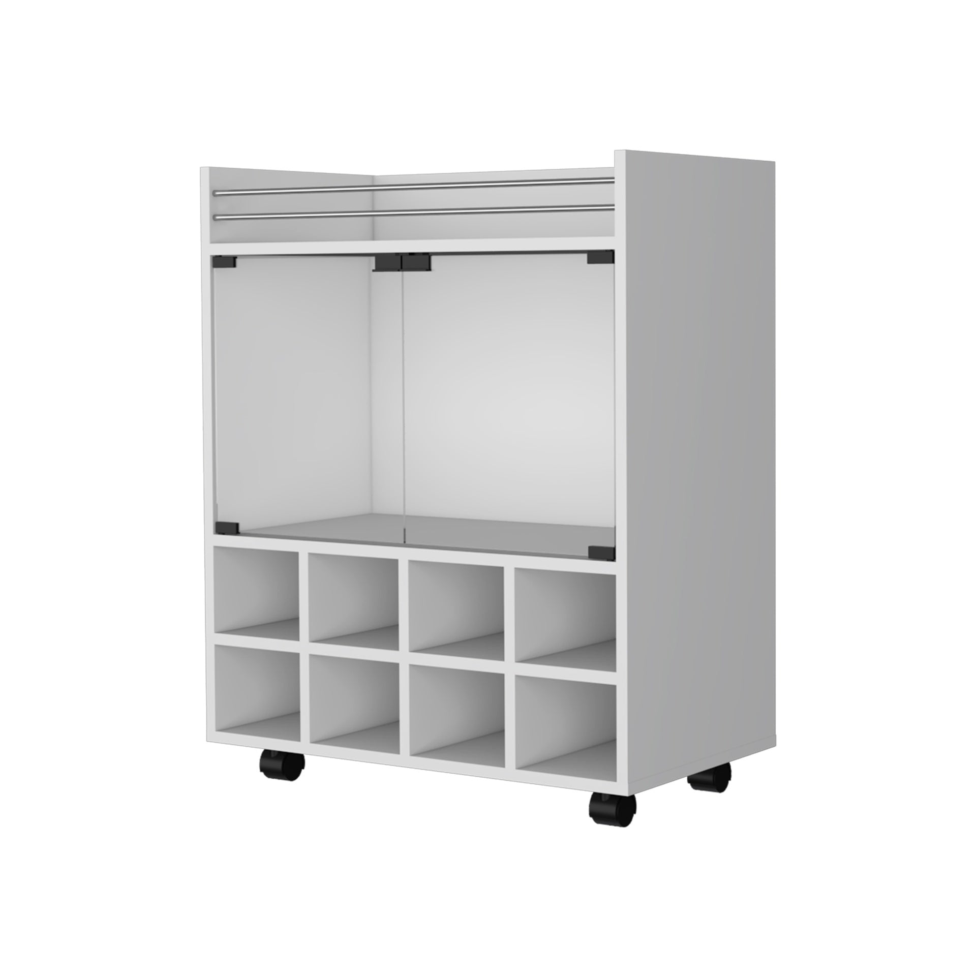 Minneapolis Bar Cart with Integrated 8-Bottle Rack, Glass Encased Cabinet and Aluminum Bar Top