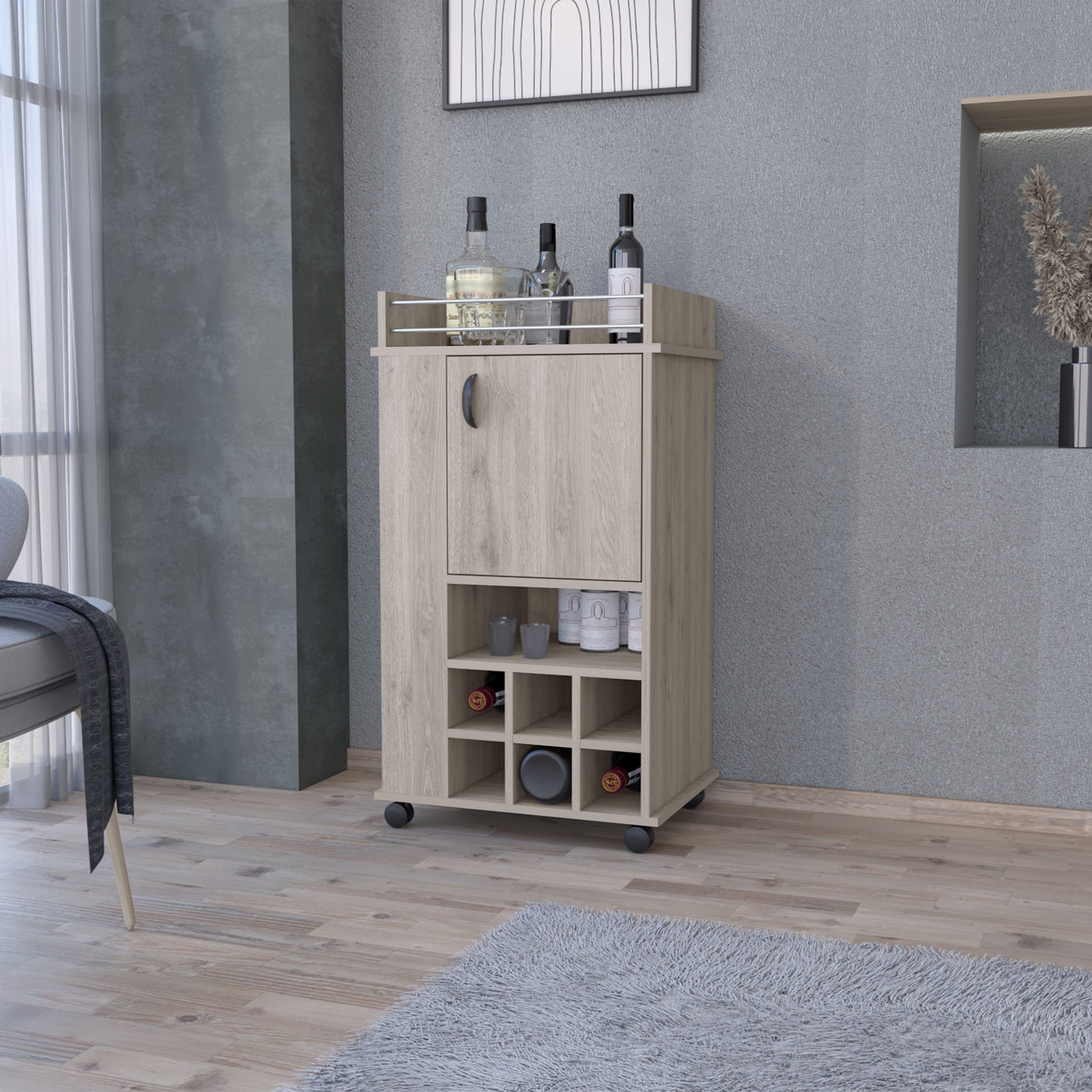 Farson Bar Cart with 2-Side Shelf, 6-Built In Wine Rack and Casters