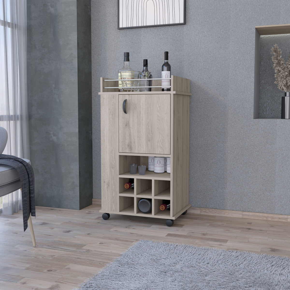 Farson Bar Cart with 2-Side Shelf, 6-Built In Wine Rack and Casters