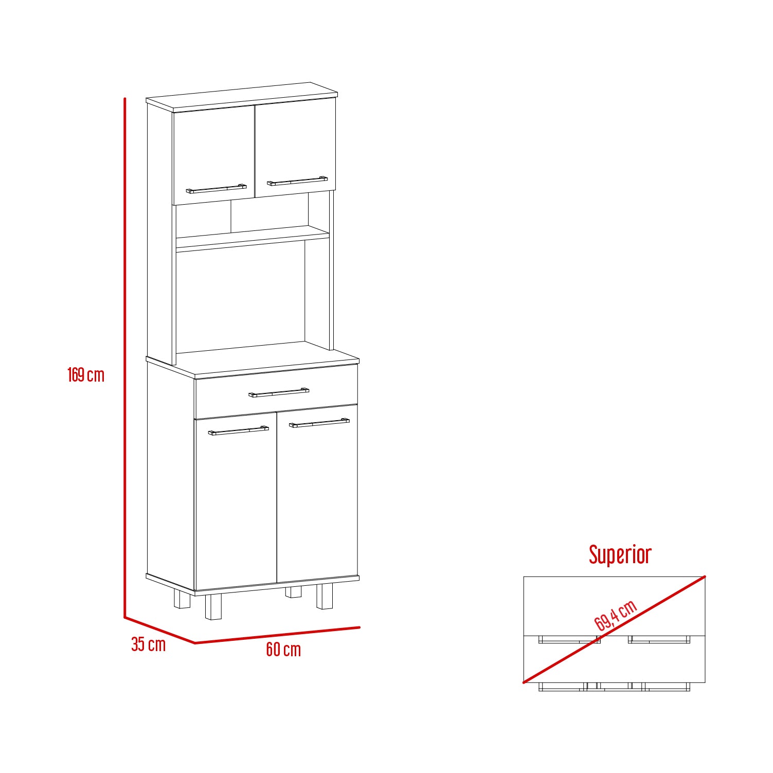 Bay Area Pantry, Two Door Cabinets, One Drawer, Four Adjustable Metal Legs