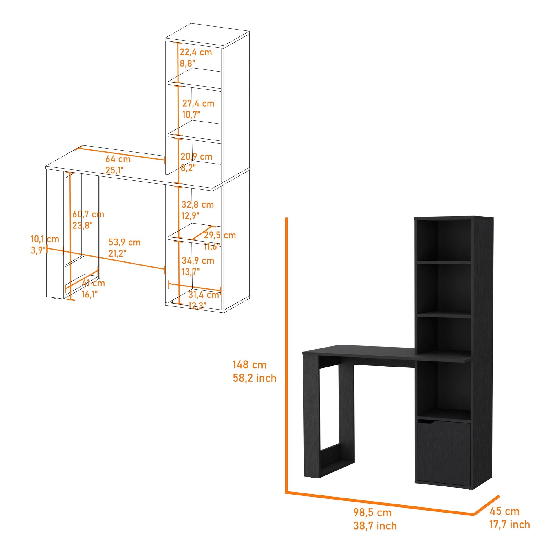 Anson Computer Desk with 4-Tier Bookcase and 1-Door Cabinet