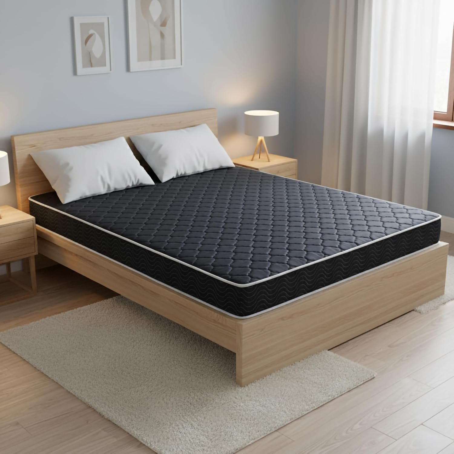 6-inch waterproof  high-density foam mattress with navy blue diamond-quilted breathable fabric. Quilting ensures both style and airflow for cool sleep.Full size