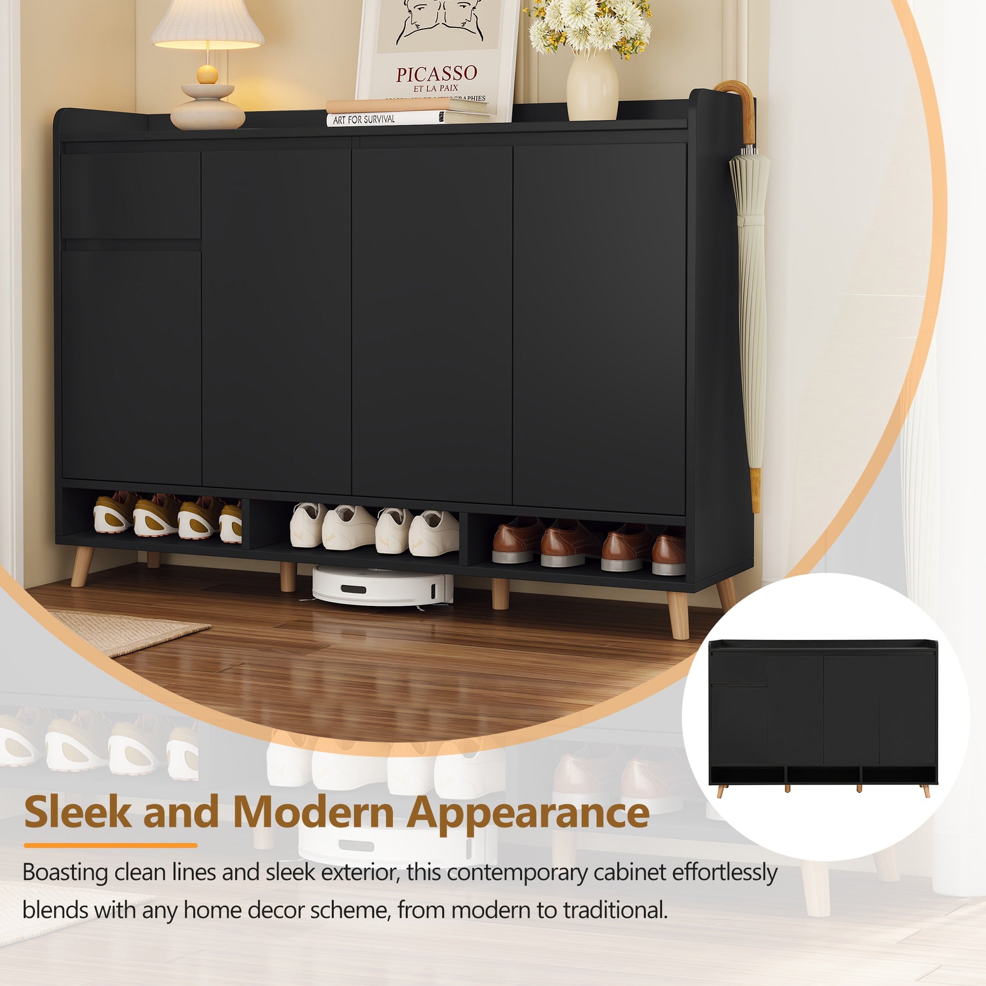 ON-TREND Sleek and Contemporary Shoe Cabinet with Adjustable Shelves, Minimalist Home Organizer with Solid Wood Legs, Storage Sideboard for Entryway, Living Room, Black
