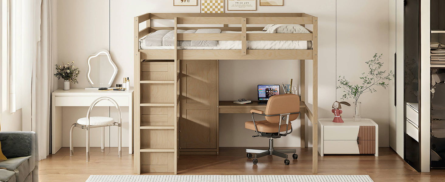 Wood Full Size Loft Bed with Built-in Wardrobe, Desk, Storage Shelves and Drawers, Walnut