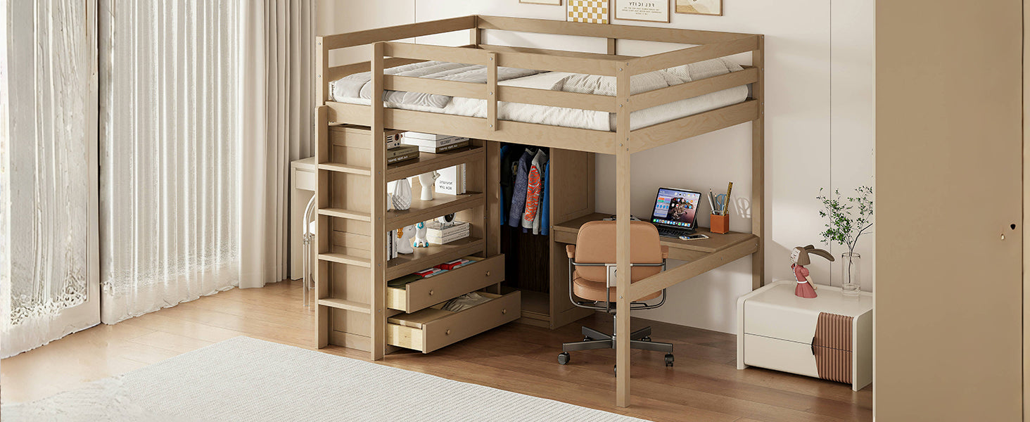 Wood Full Size Loft Bed with Built-in Wardrobe, Desk, Storage Shelves and Drawers, Walnut