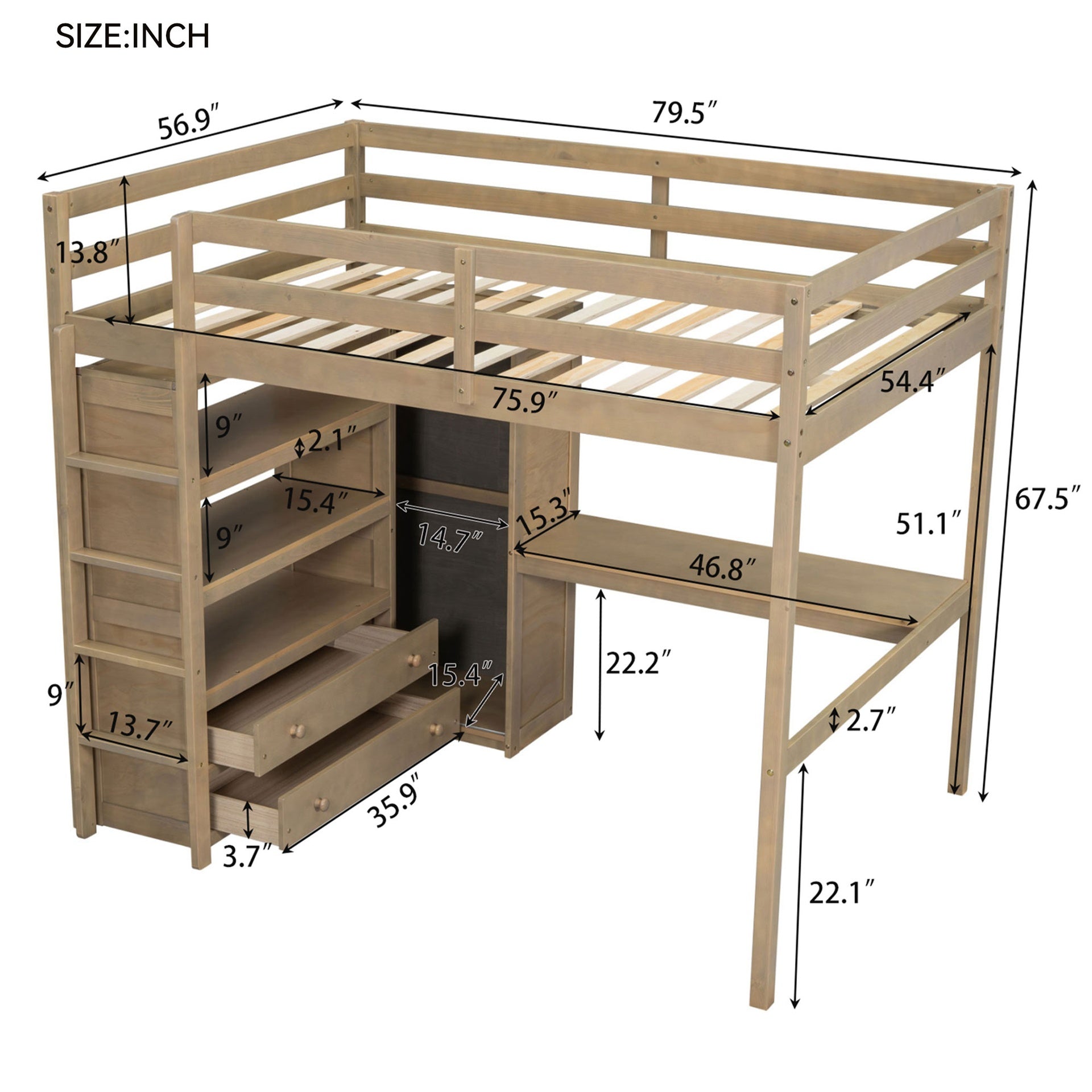 Wood Full Size Loft Bed with Built-in Wardrobe, Desk, Storage Shelves and Drawers, Walnut