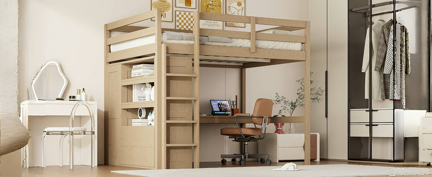 Wood Full Size Loft Bed with Built-in Wardrobe, Desk, Storage Shelves and Drawers, Walnut