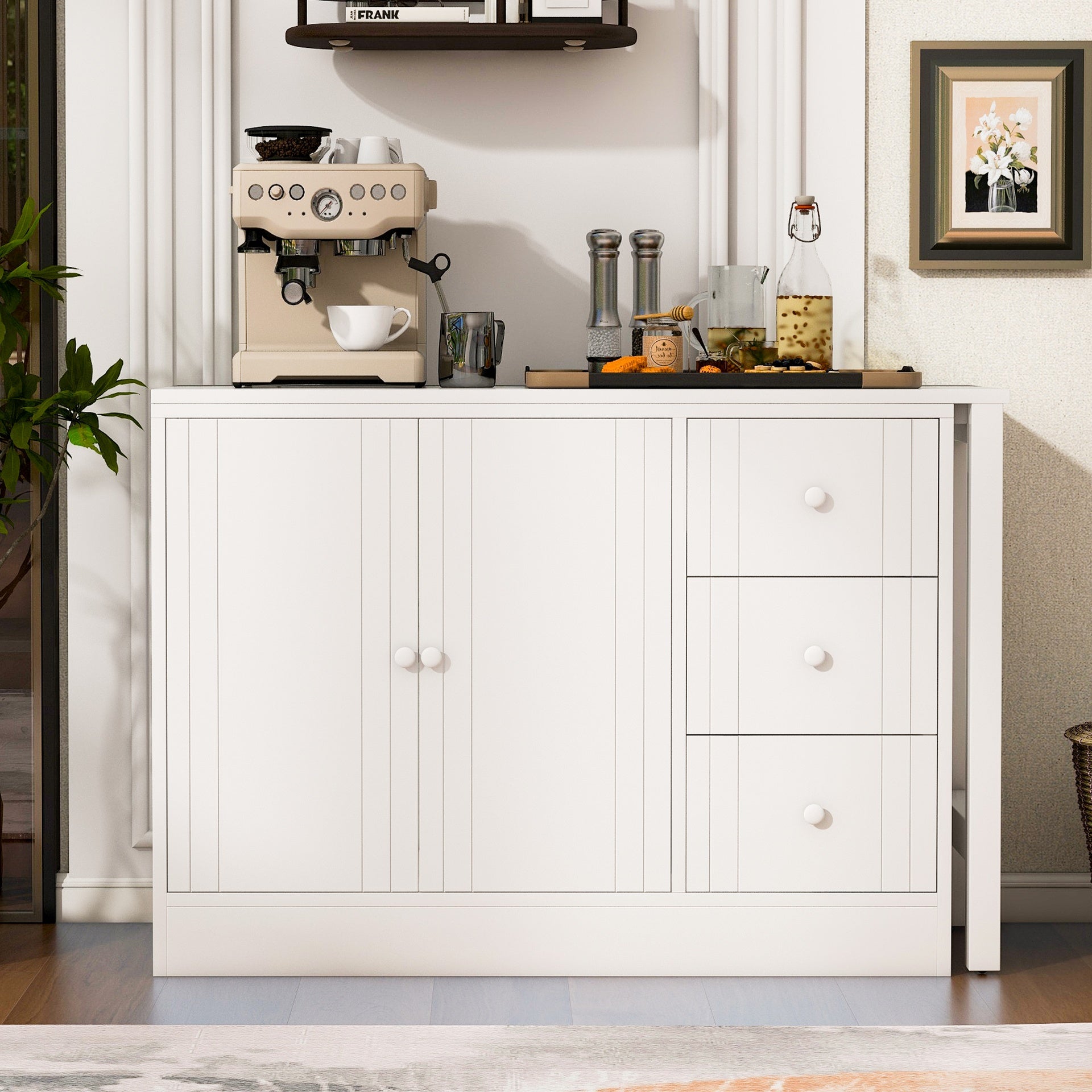 U_STYLE 89.7''Wooden Sideboard with Extendable Table,Multifunctional Storage Cabinet with 2 Doors and 3 Drawers,for Living Room,Study,Foyer and Kitchen
